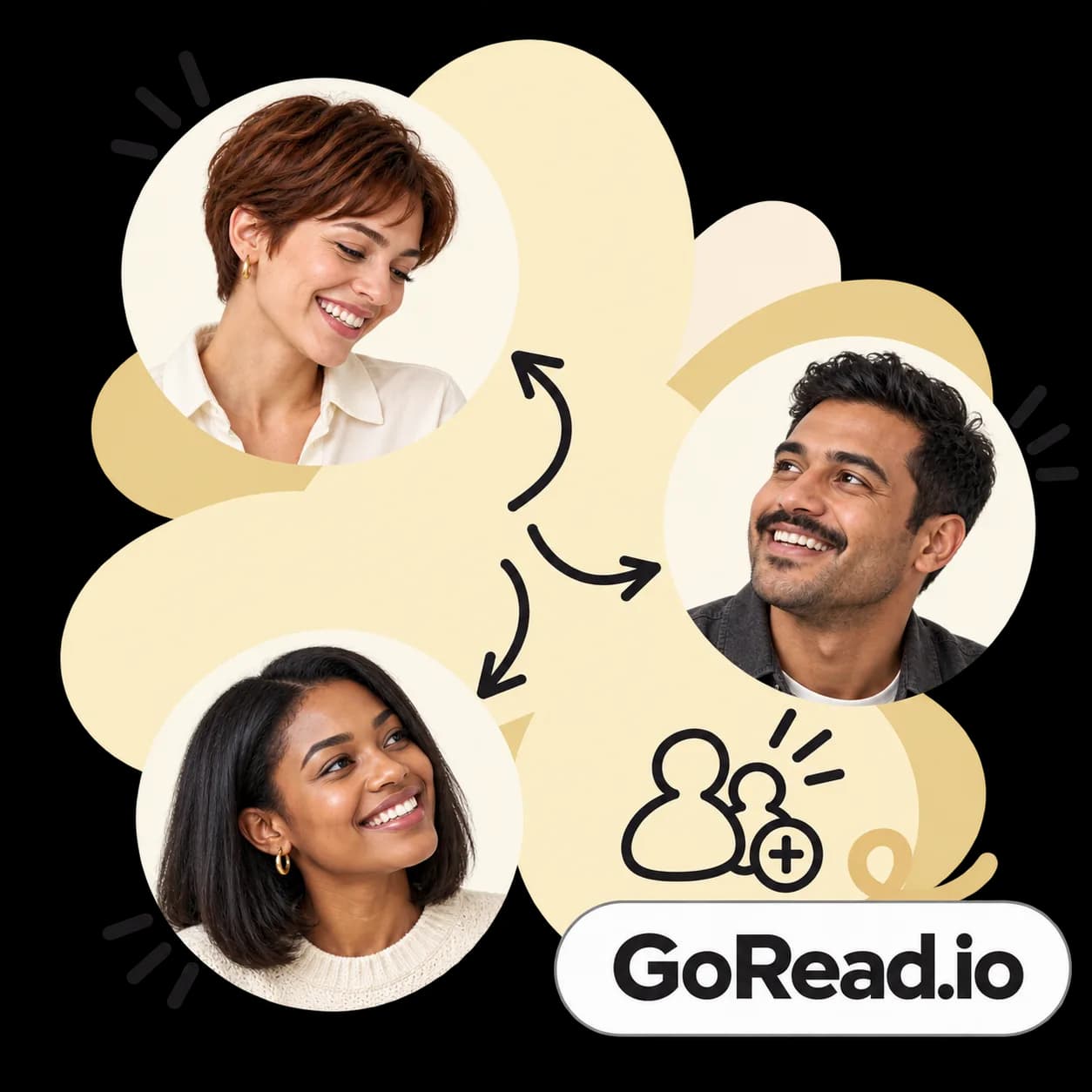 Goread.io illustration: three Instagram profile portraits, a new-follower icon and the Goread.io wordmark