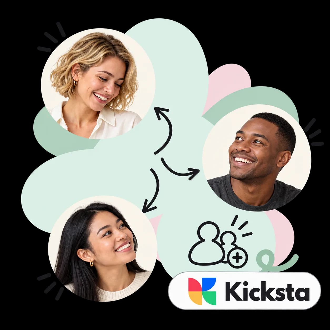 Kicksta illustration: three Instagram profile portraits, a new-follower icon and the Kicksta wordmark