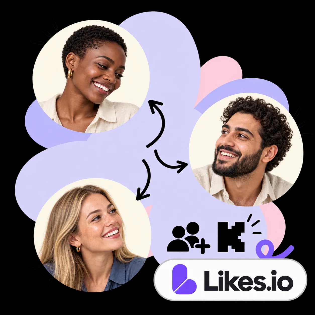 Likes.io-illustratie: drie portretten verbonden door pijlen, twee figuren met een plusteken, het Kick-teken en het Likes.io-woordmerk