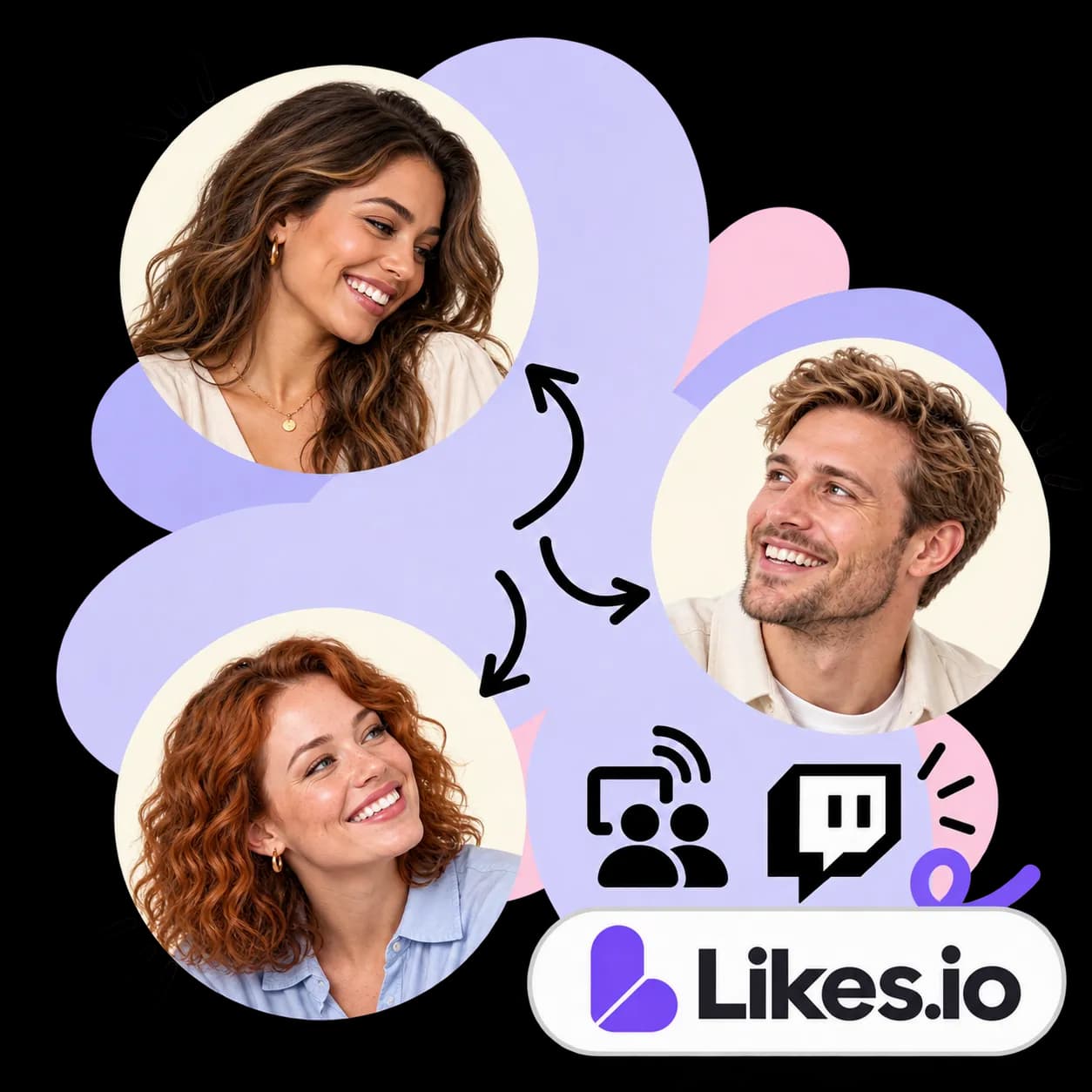 Likes.io illustration: three portraits linked by arrows, a viewer at a screen with sound waves, the Twitch mark and the Likes.io wordmark