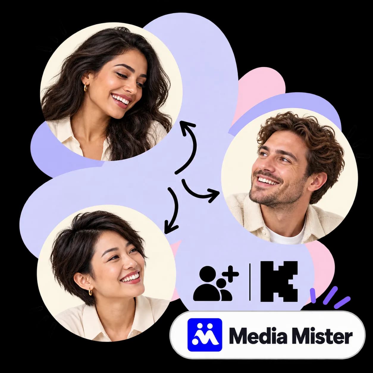 Illustration zu Media Mister: drei durch Pfeile verbundene Porträts, zwei Figuren mit Pluszeichen, das Kick-Zeichen und die Wortmarke von Media Mister