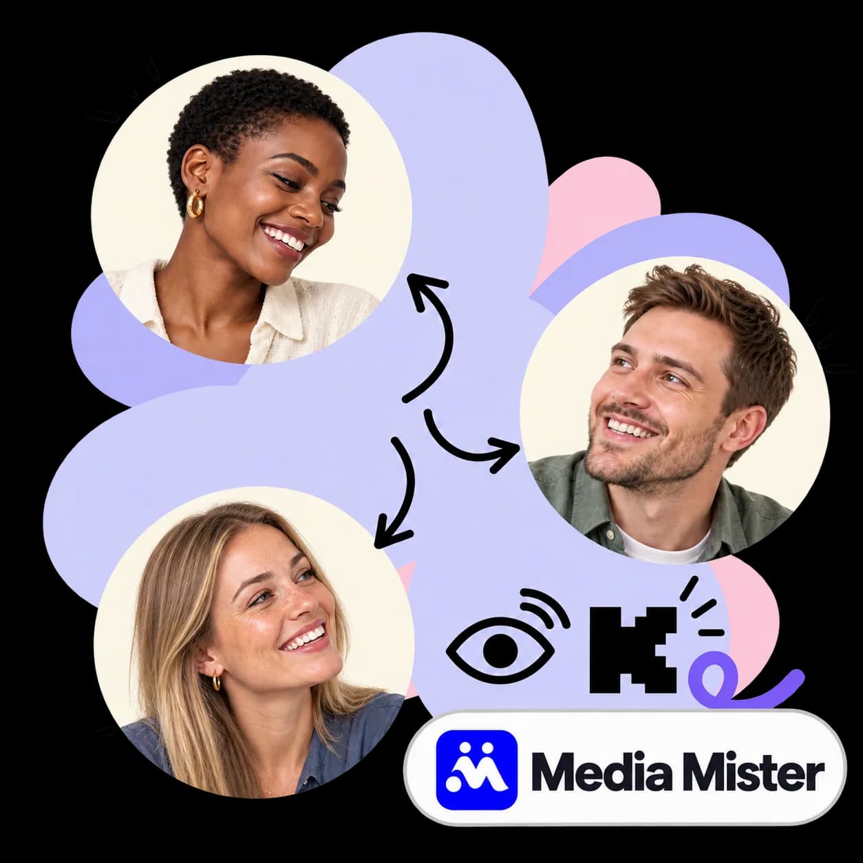 Media Mister illustration: three portraits linked by arrows, an eye with broadcast waves, the Kick mark and the Media Mister wordmark
