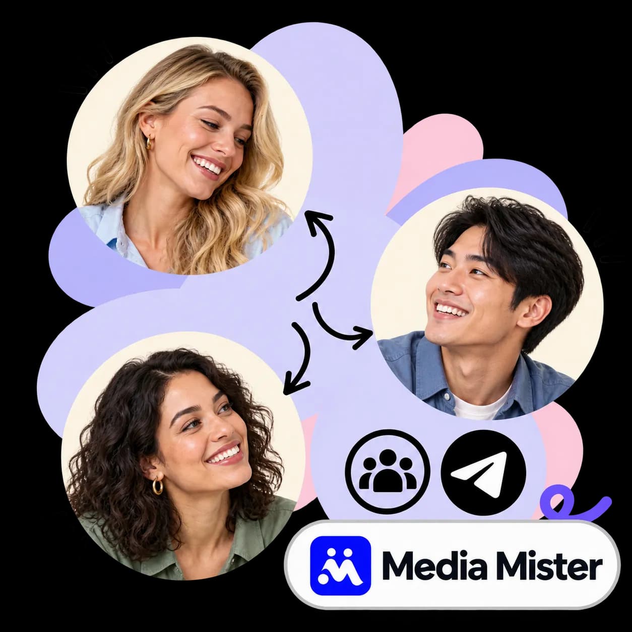 Media Mister illustration: three portraits linked by arrows, a group of three figures, the Telegram mark and the Media Mister wordmark