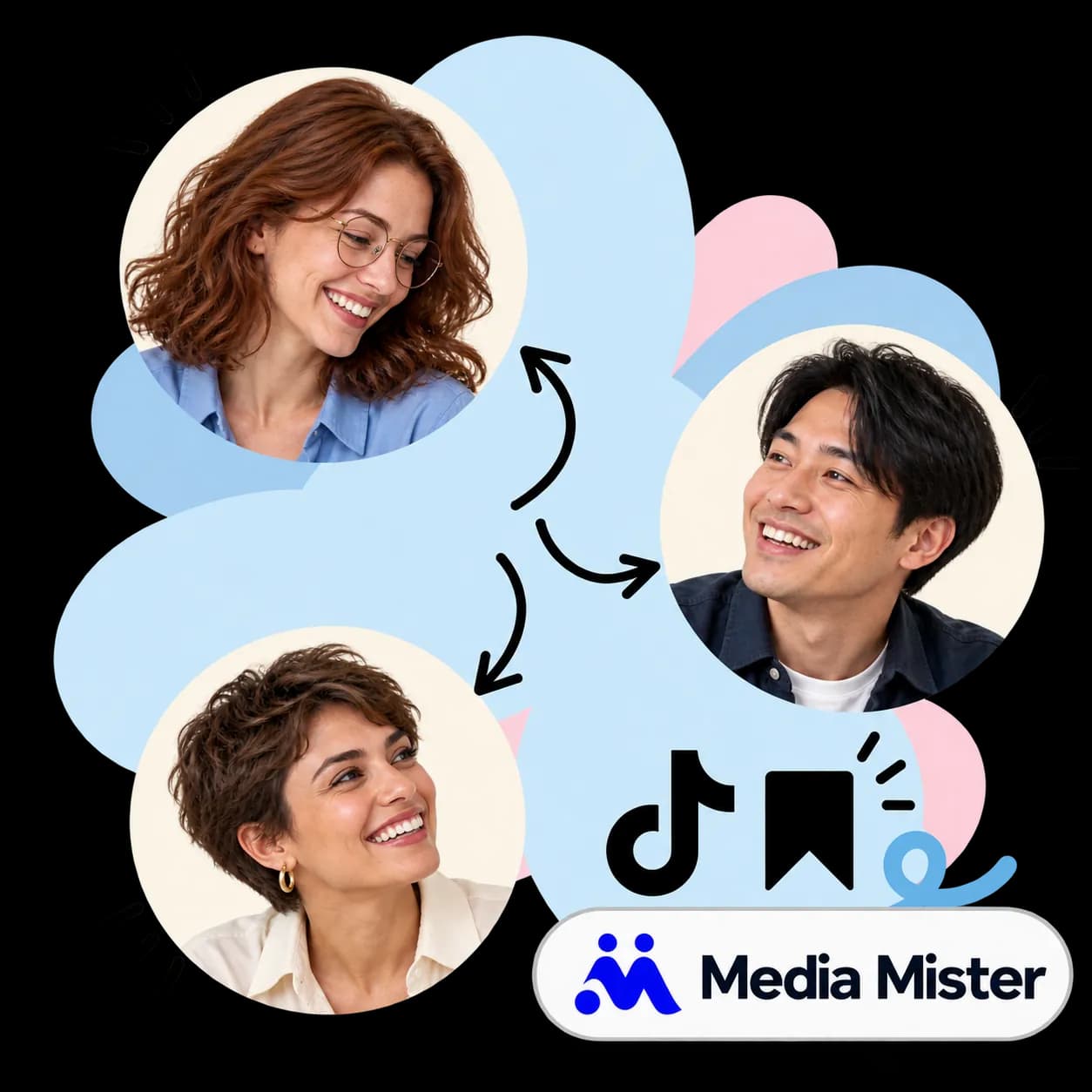 Media Mister illustration: three portraits linked by arrows, a bookmark, the TikTok mark and the Media Mister wordmark