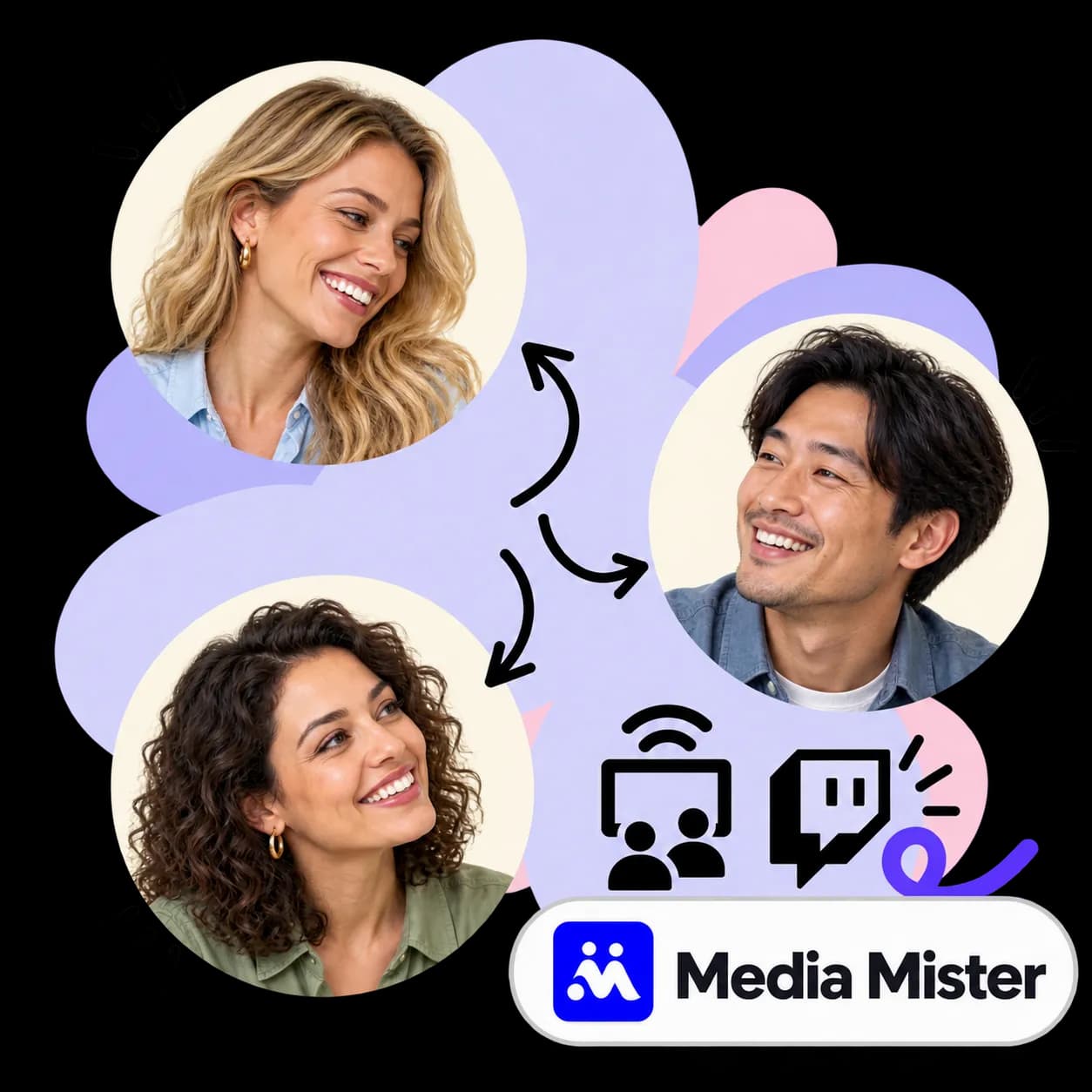 Illustration zu Media Mister: drei durch Pfeile verbundene Porträts, eine Person vor einem Bildschirm mit Schallwellen, das Twitch-Zeichen und die Wortmarke von Media Mister