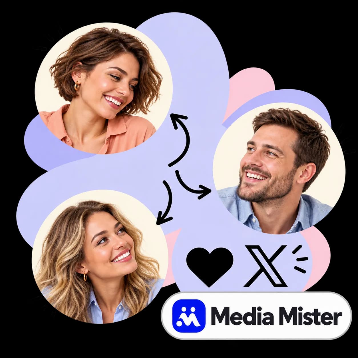 Media Mister illustration: three portraits linked by arrows, a heart, the X mark and the Media Mister wordmark