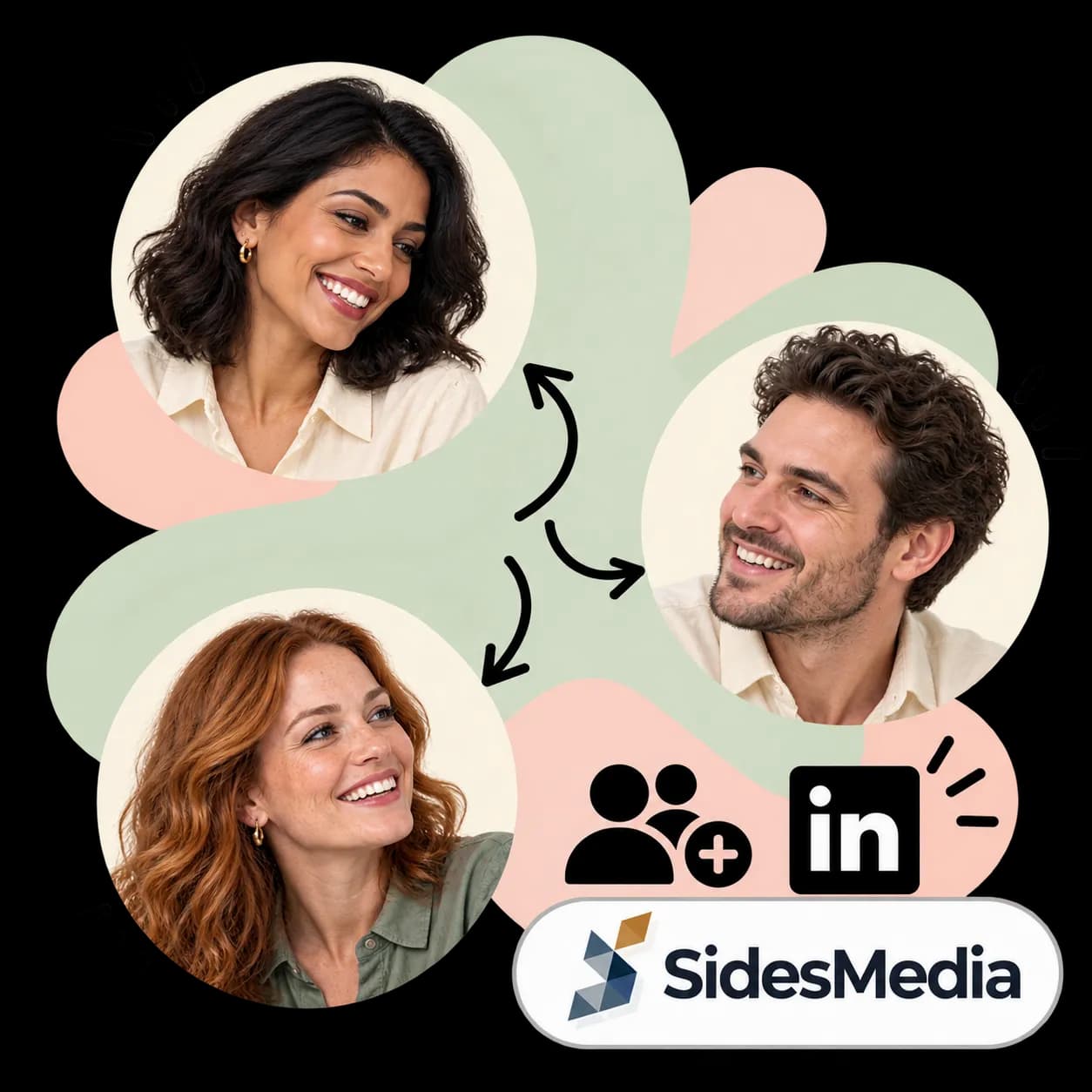 SidesMedia illustration: three portraits linked by arrows, figures with a plus sign, the LinkedIn mark and the SidesMedia wordmark