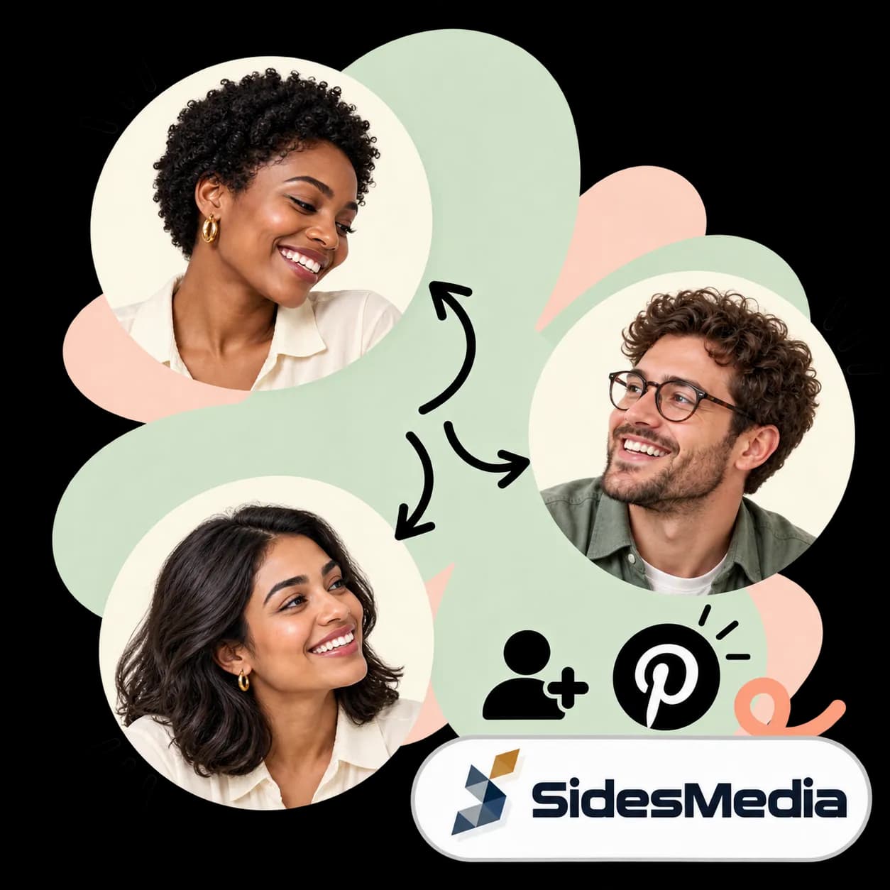 SidesMedia illustration: three portraits linked by arrows, figures with a plus sign, the Pinterest mark and the SidesMedia wordmark