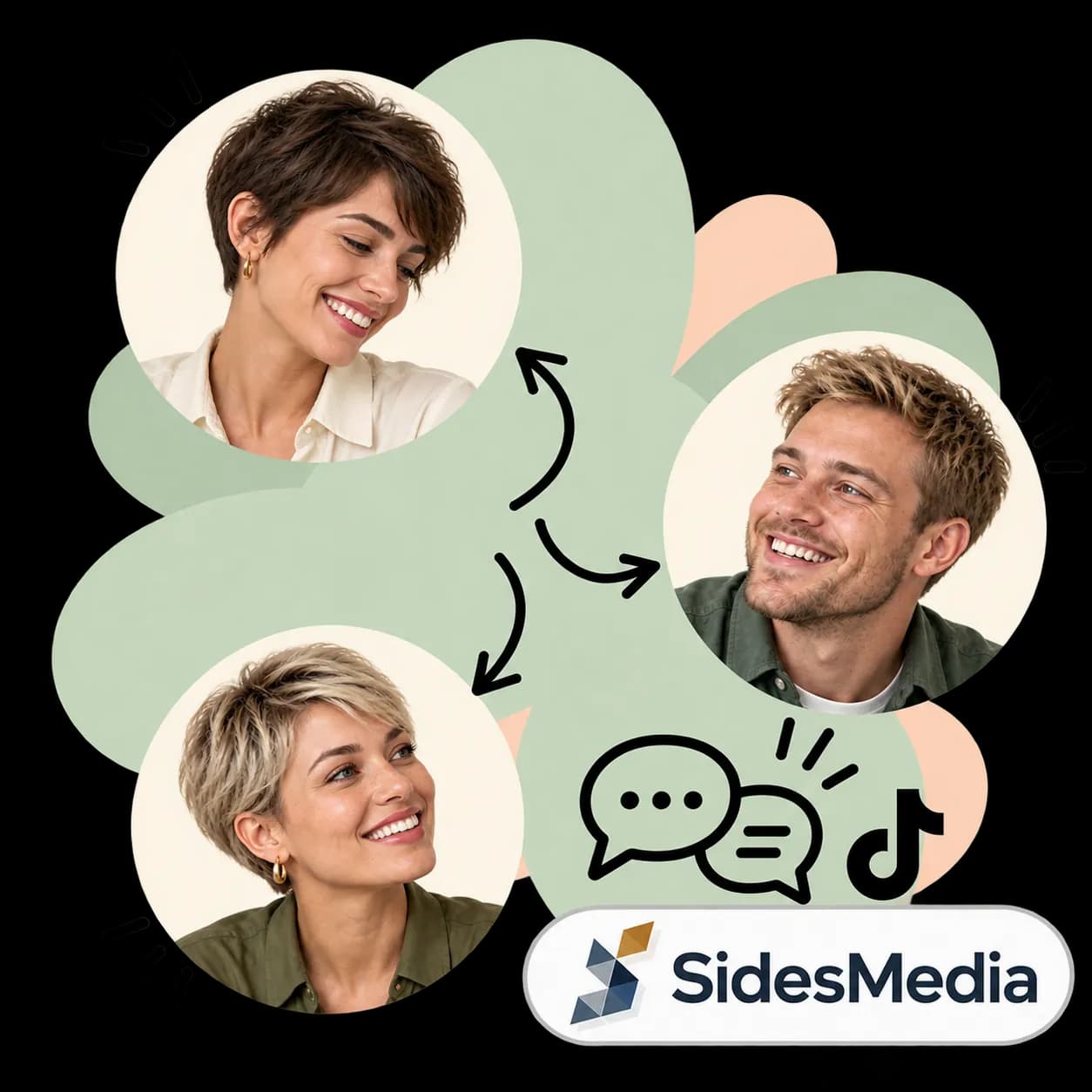 SidesMedia illustration: three portraits linked by arrows, two speech bubbles, the TikTok mark and the SidesMedia wordmark