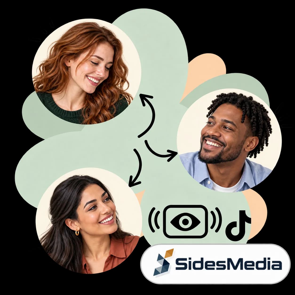 SidesMedia-illustratie: drie portretten verbonden door pijlen, een oog tussen zendgolven, het TikTok-teken en het SidesMedia-woordmerk