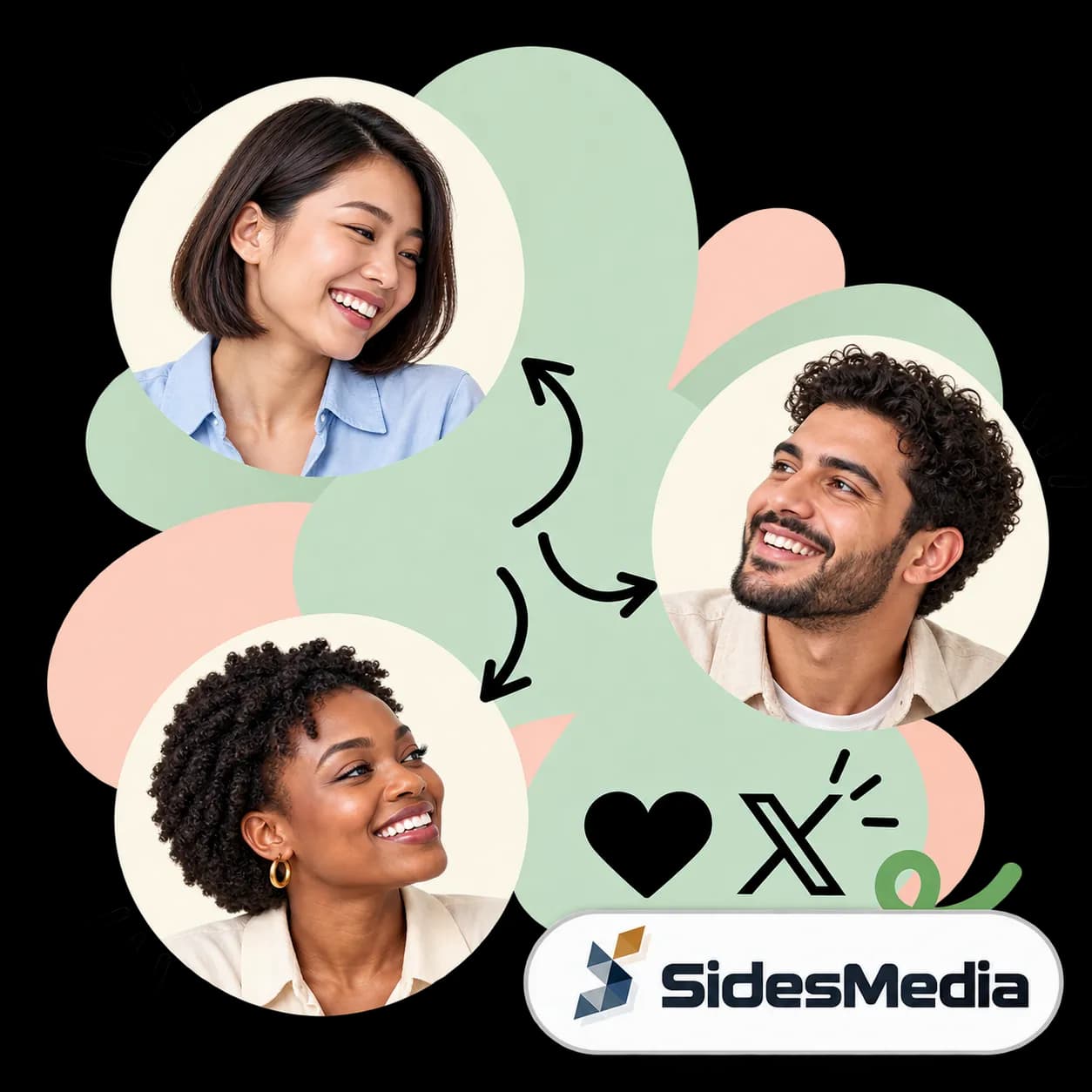 SidesMedia-illustratie: drie portretten verbonden door pijlen, een hart, het X-teken en het SidesMedia-woordmerk