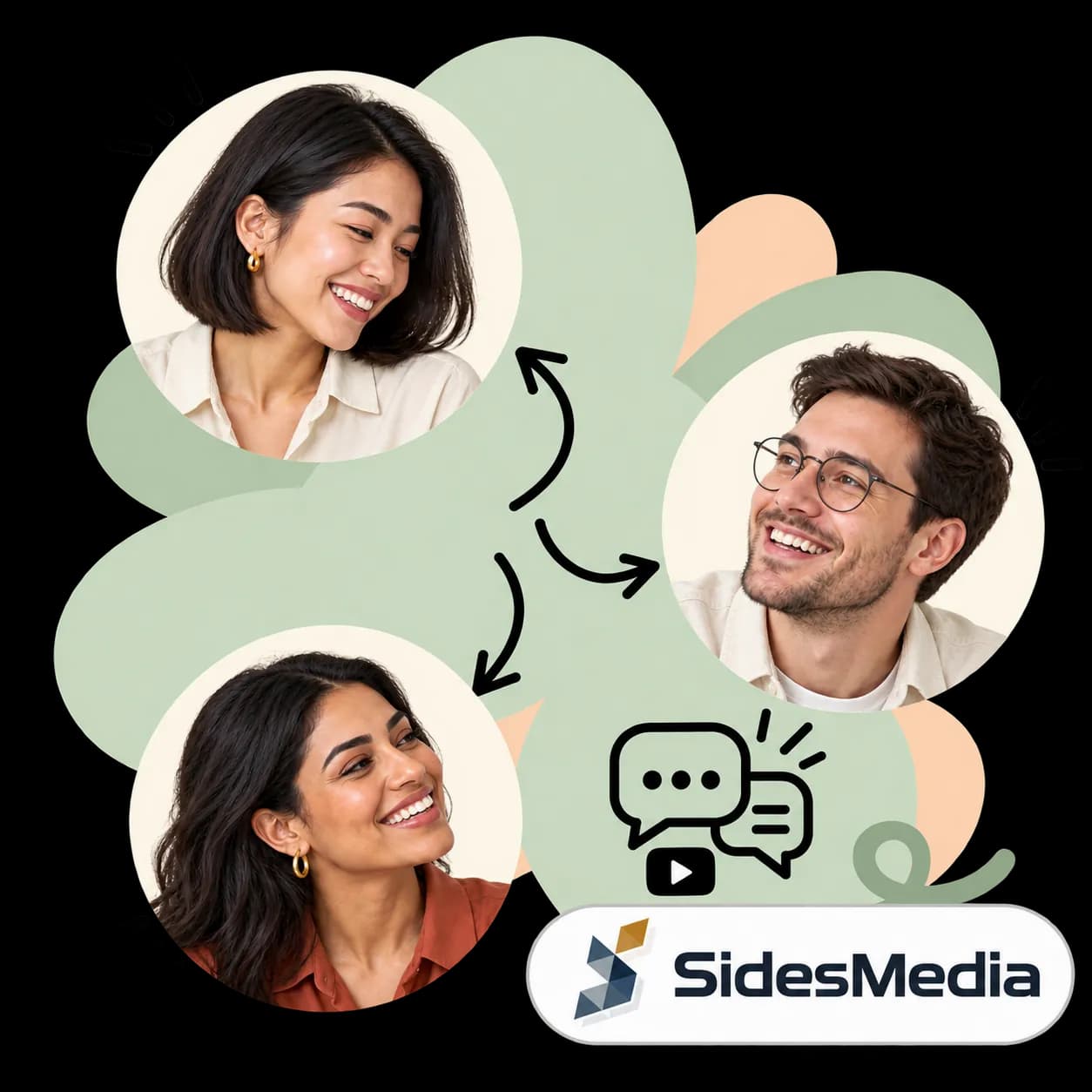 SidesMedia illustration: three portraits linked by arrows, speech bubbles beside a video play icon and the SidesMedia wordmark