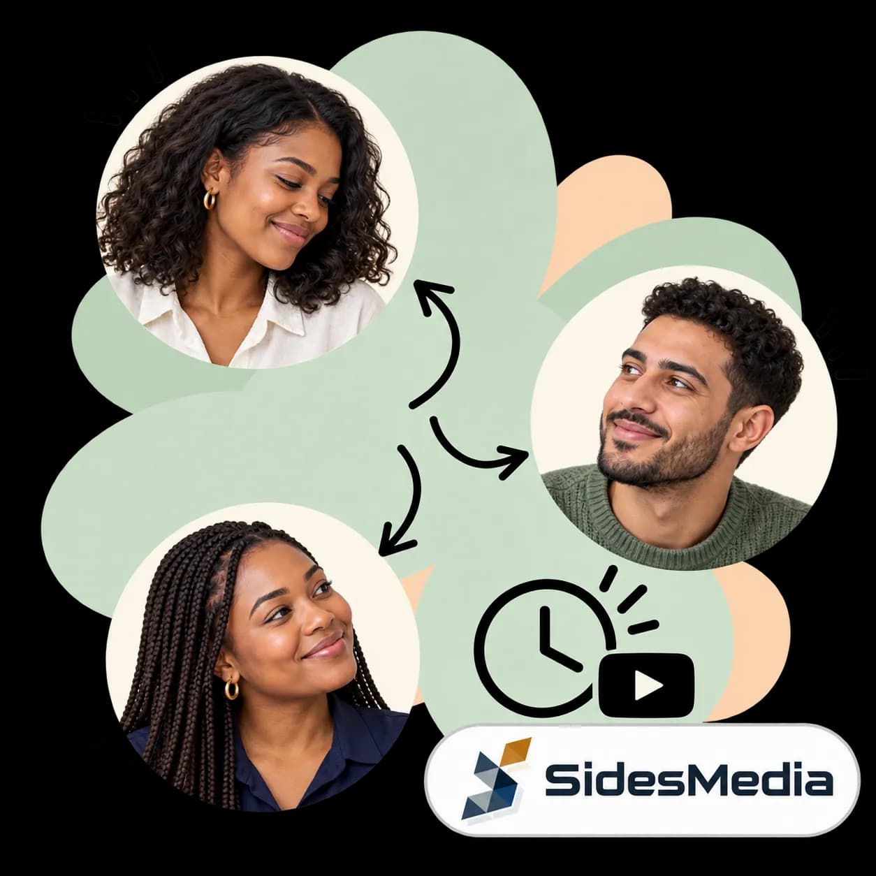 Ilustração de SidesMedia: três retratos ligados por setas, um relógio ao lado de um ícone de reprodução de vídeo e a marca SidesMedia