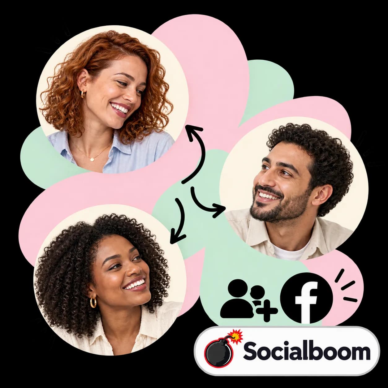 Socialboom illustration: three portraits linked by arrows, figures with a plus sign, the Facebook mark and the Socialboom wordmark