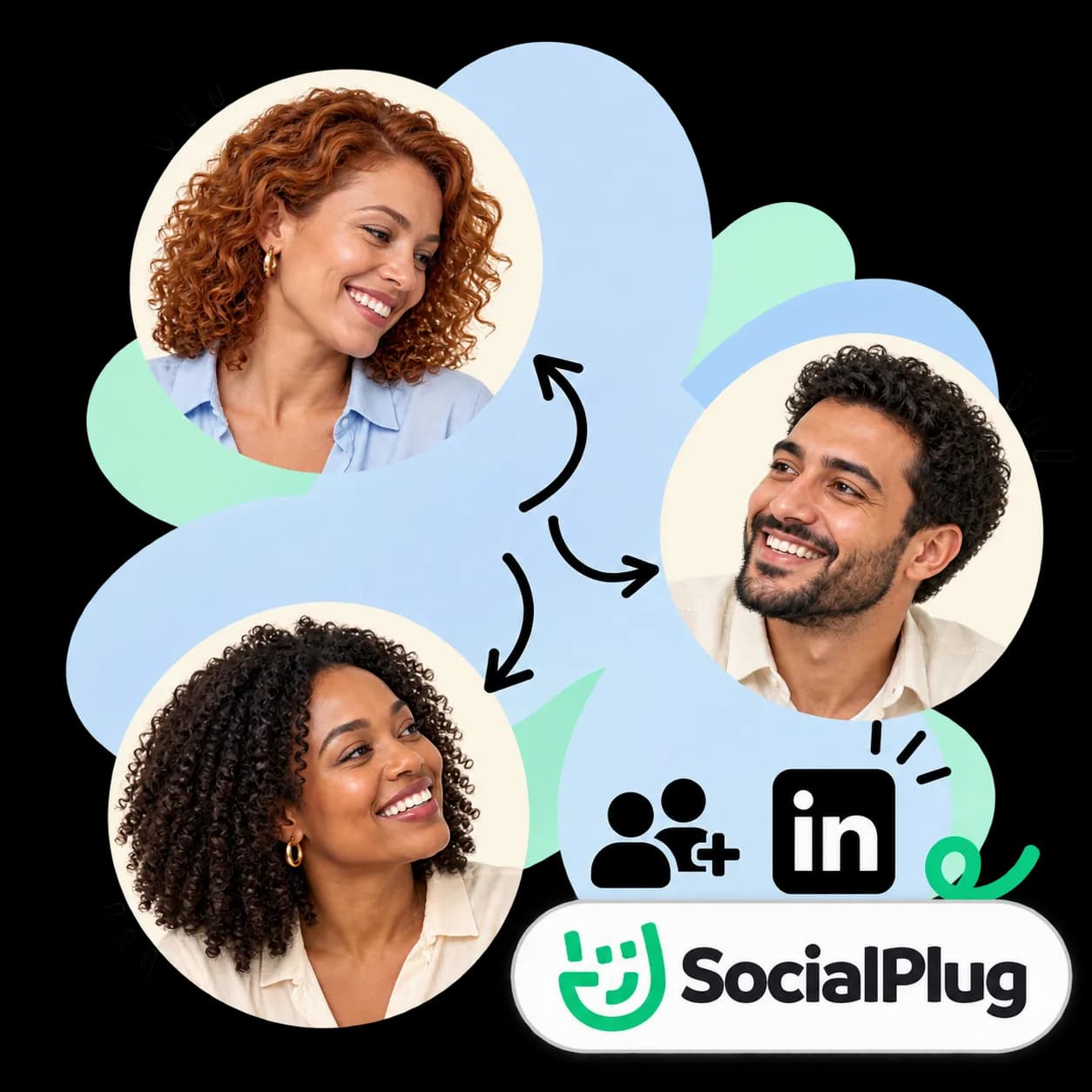 SocialPlug illustration: three portraits linked by arrows, figures with a plus sign, the LinkedIn mark and the SocialPlug wordmark