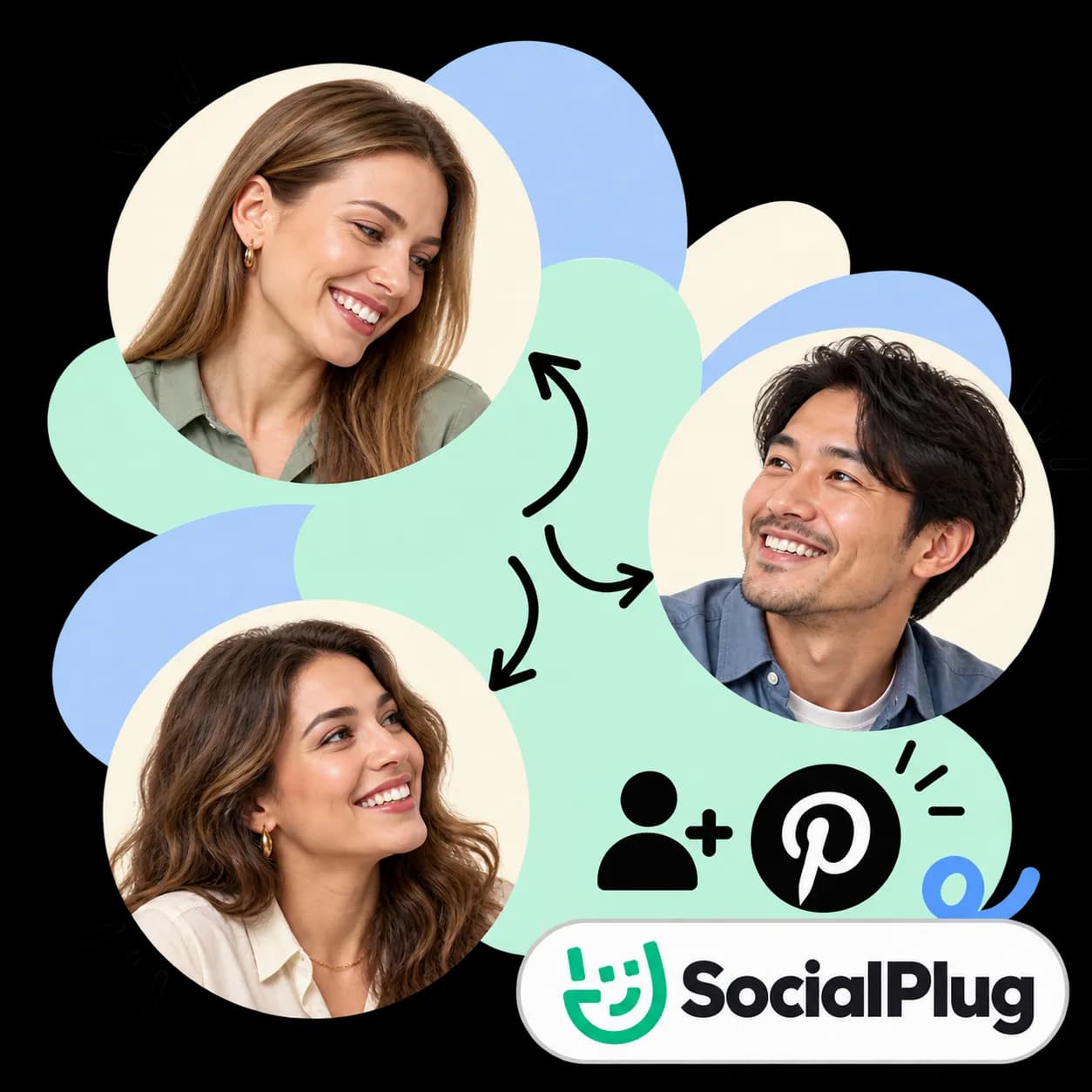 SocialPlug illustration: three portraits linked by arrows, figures with a plus sign, the Pinterest mark and the SocialPlug wordmark