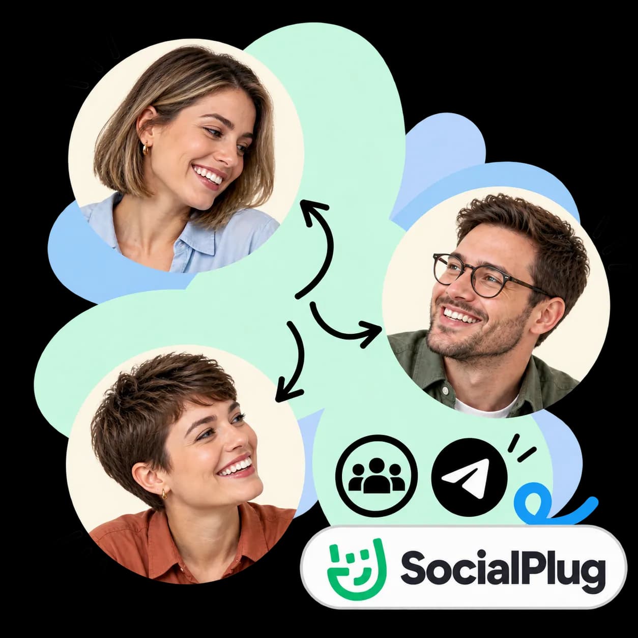 SocialPlug illustration: three portraits linked by arrows, a group of three figures, the Telegram mark and the SocialPlug wordmark