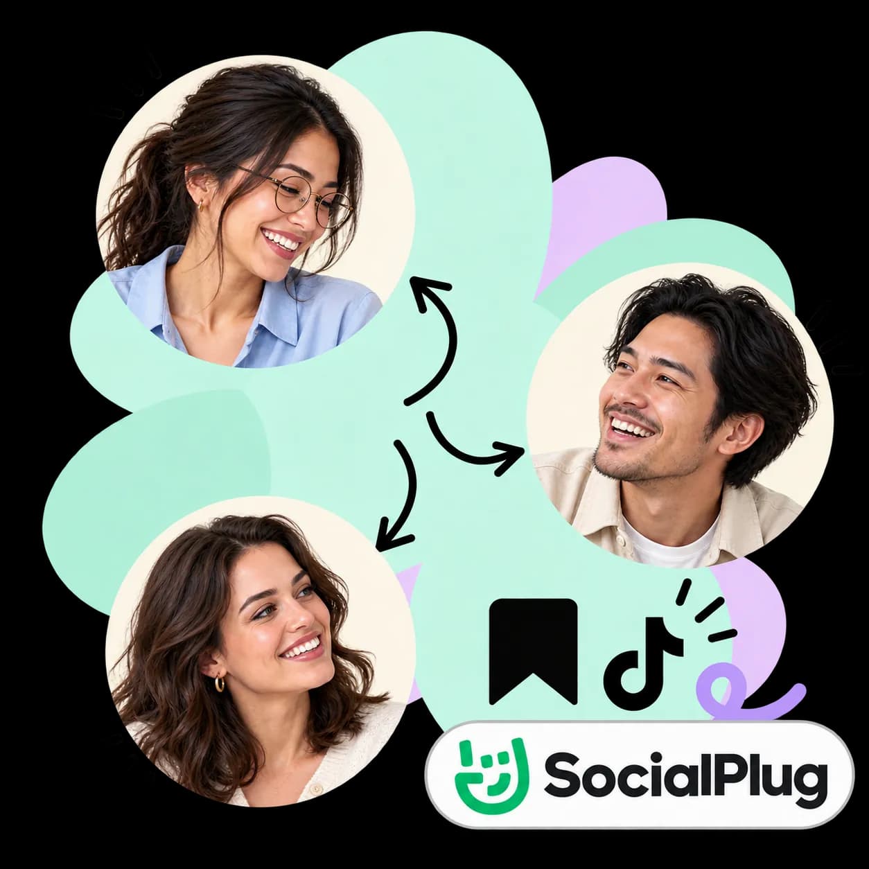 SocialPlug illustration: three portraits linked by arrows, a bookmark, the TikTok mark and the SocialPlug wordmark