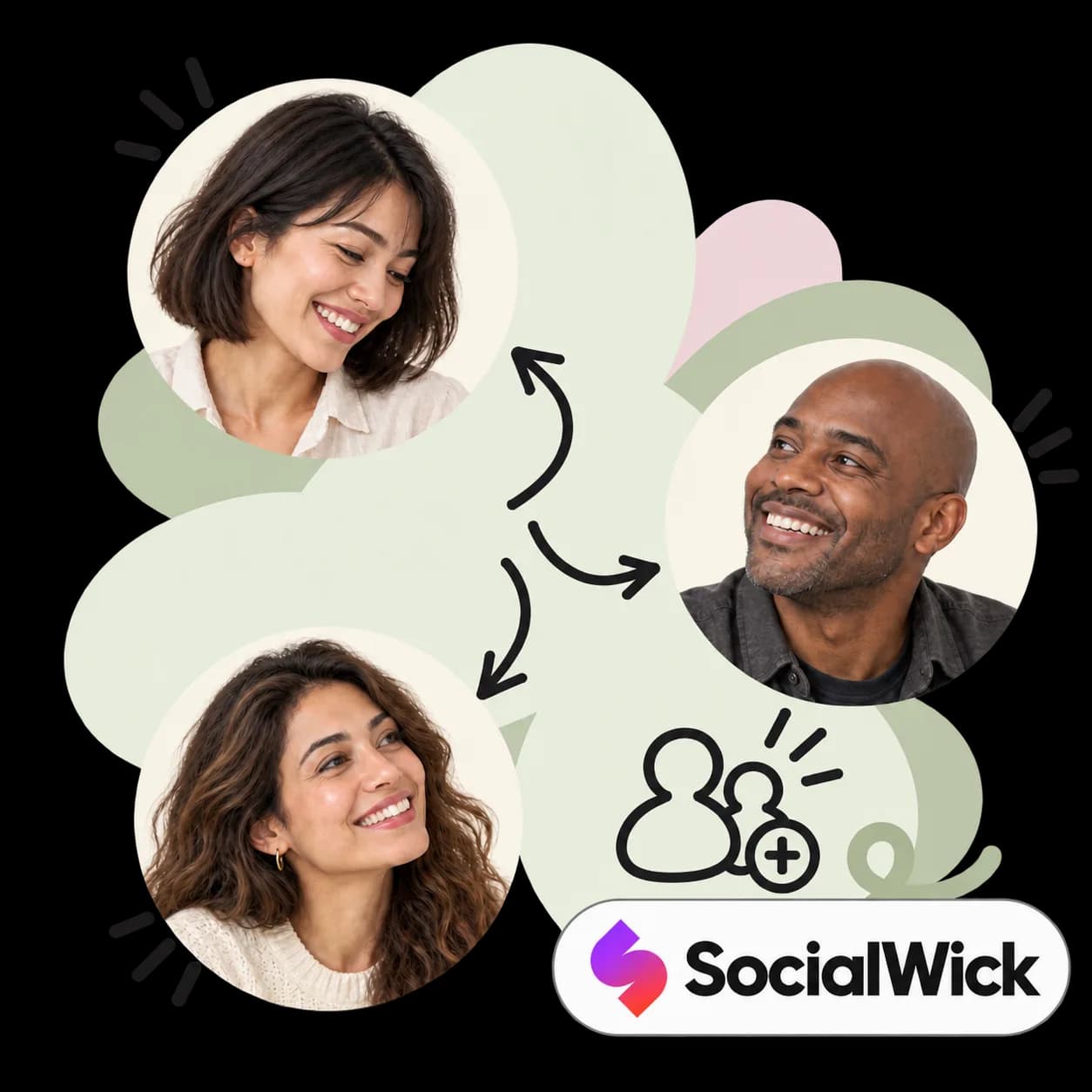 SocialWick illustration: three Instagram profile portraits, a new-follower icon and the SocialWick wordmark