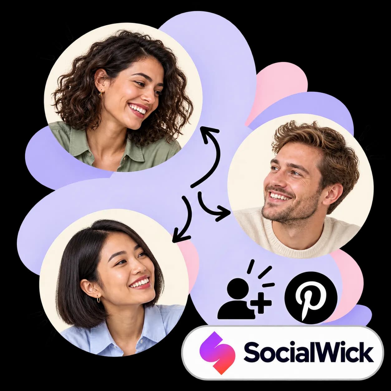SocialWick illustration: three portraits linked by arrows, figures with a plus sign, the Pinterest mark and the SocialWick wordmark