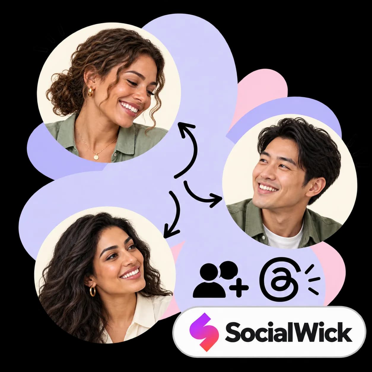 SocialWick illustration: three portraits linked by arrows, two figures with a plus sign, the Threads mark and the SocialWick wordmark