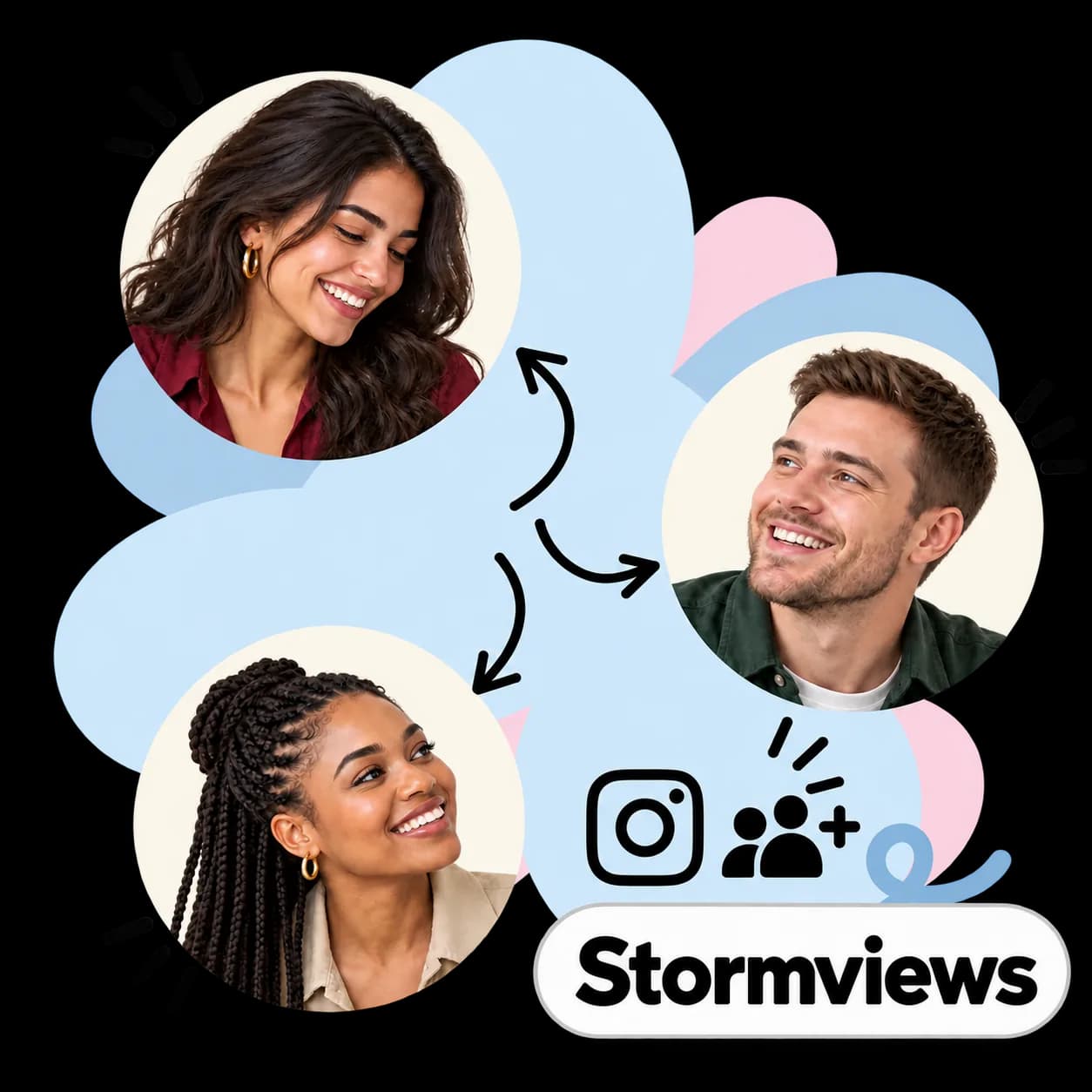 Stormviews illustration: three Instagram profile portraits, a new-follower icon and the Stormviews wordmark