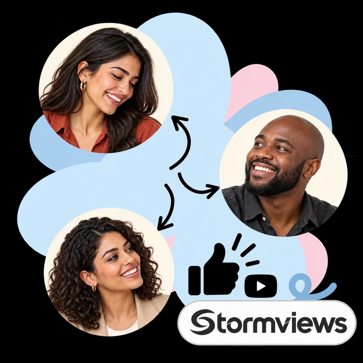 Ilustração de Stormviews: três retratos ligados por setas, um polegar para cima ao lado de um ícone de reprodução de vídeo e a marca Stormviews
