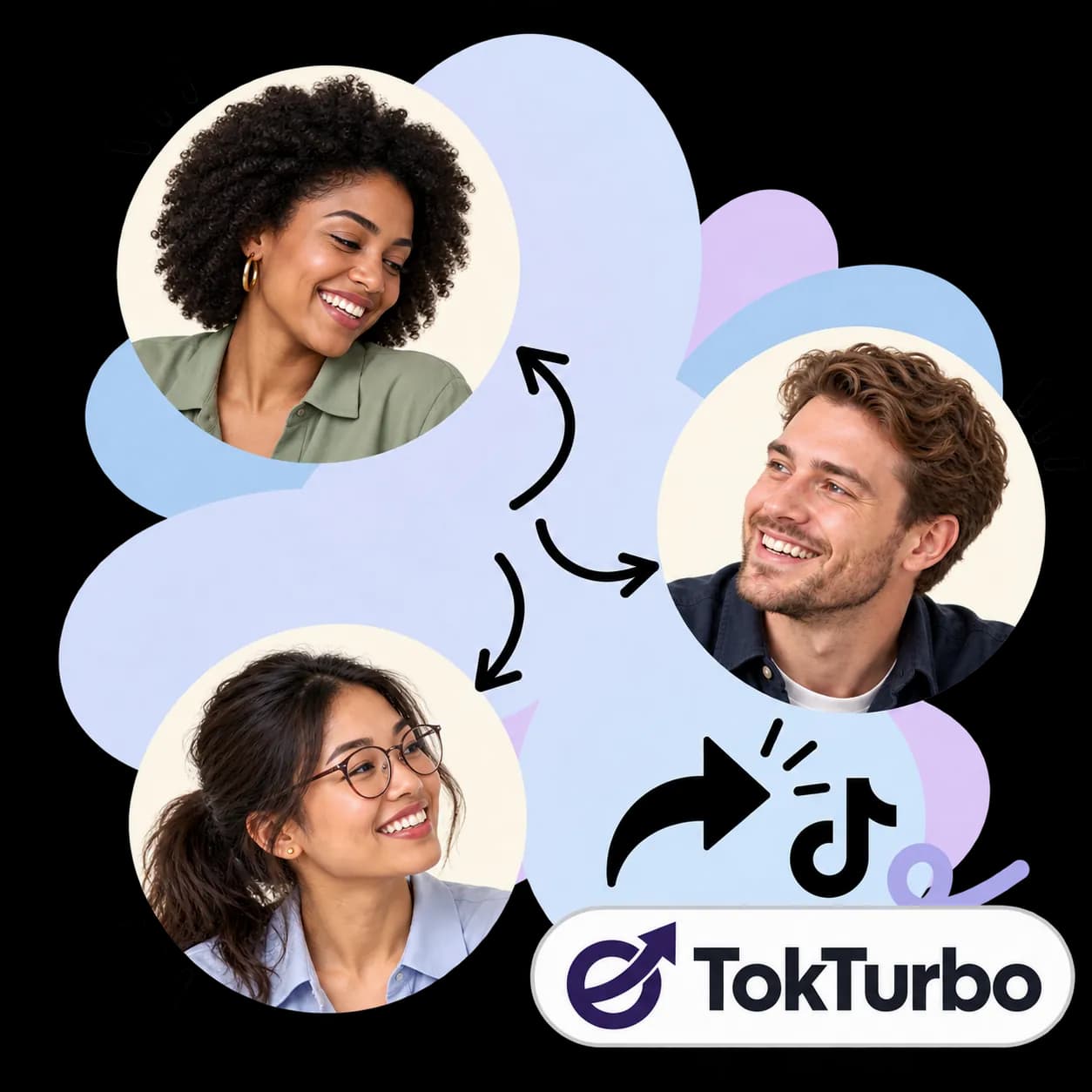 Ilustração de TokTurbo: três retratos ligados por setas, uma seta de compartilhamento, o símbolo do TikTok e a marca TokTurbo
