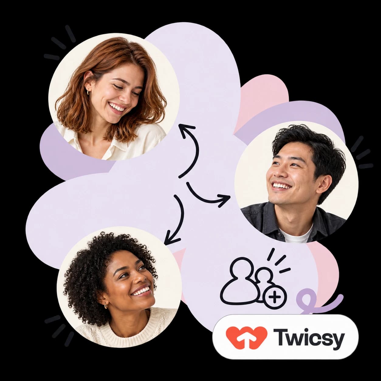 Twicsy-Illustration: drei Instagram-Profilporträts, ein Neuer-Follower-Symbol und die Twicsy-Wortmarke