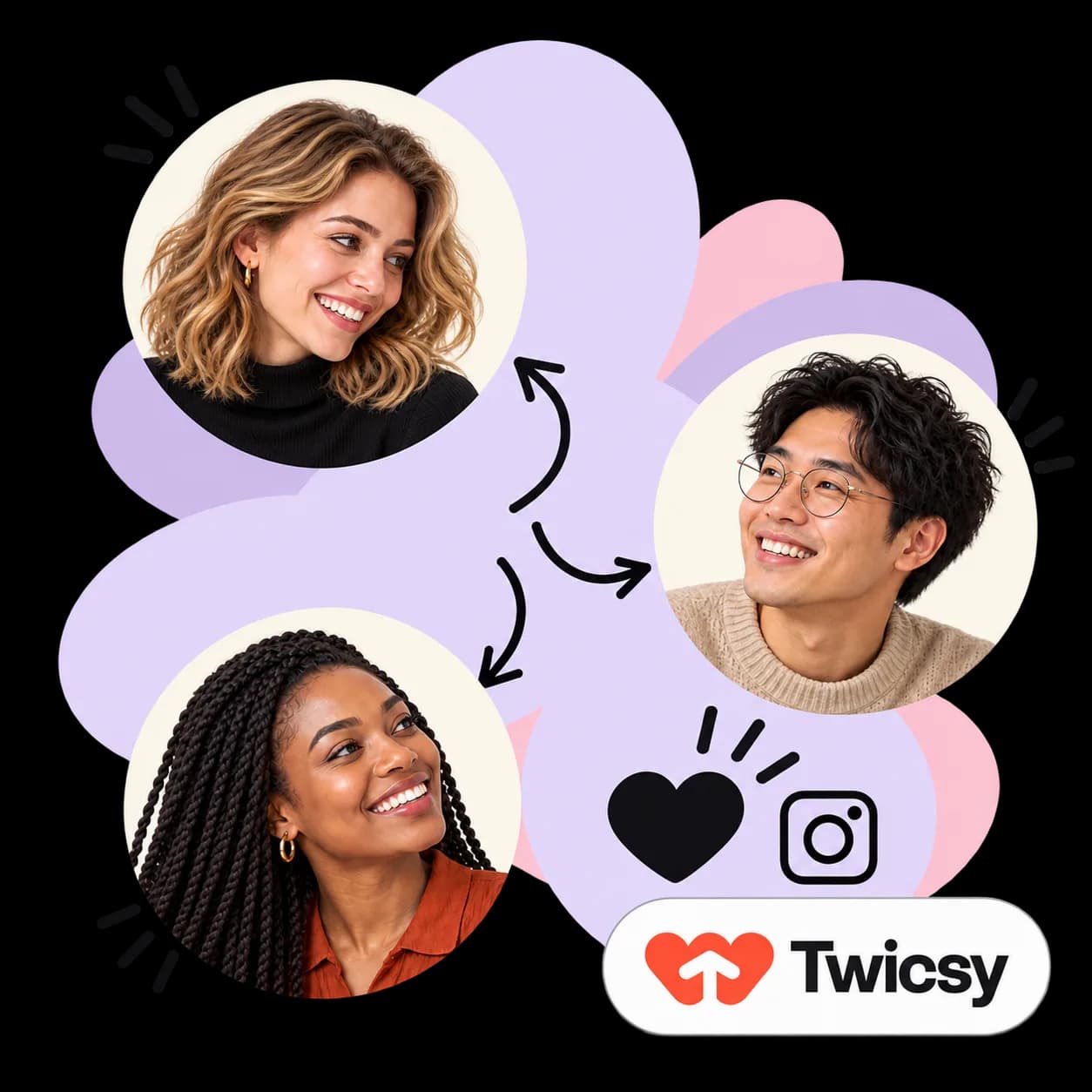 Twicsy illustration: three portraits linked by arrows, a heart, the Instagram mark and the Twicsy wordmark