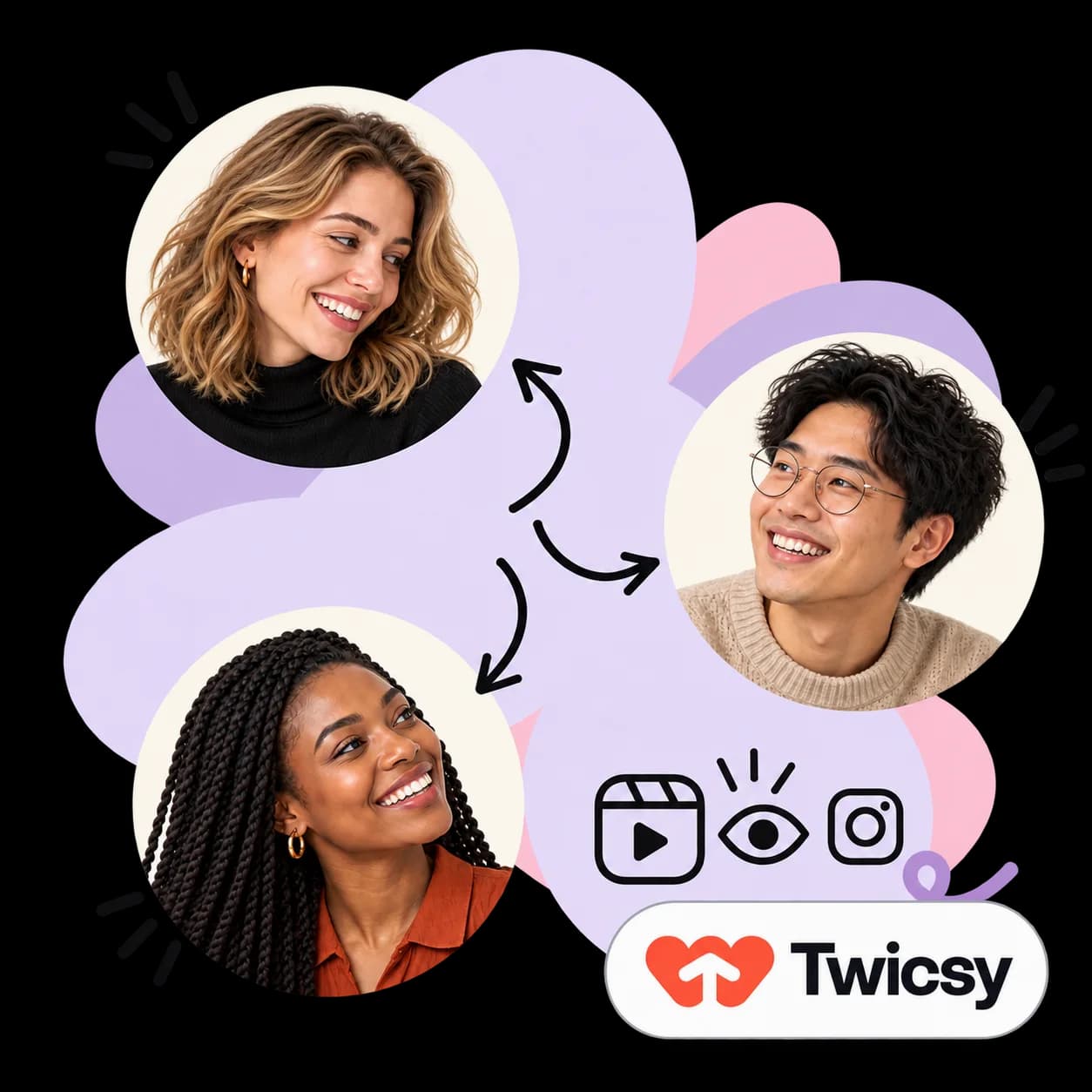 Twicsy-illustratie: drie portretten verbonden door pijlen, een Reels-afspeelicoon, een oog, het Instagram-teken en het Twicsy-woordmerk