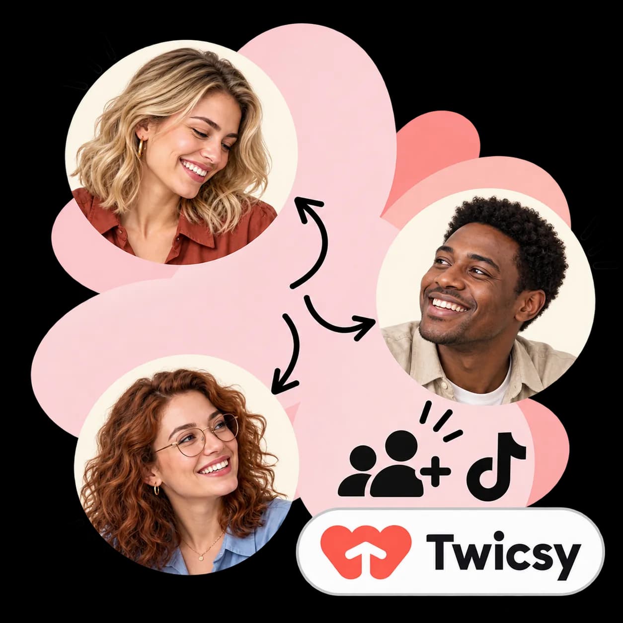 Twicsy-illustratie: drie portretten verbonden door pijlen, twee figuren met een plusteken, het TikTok-teken en het Twicsy-woordmerk