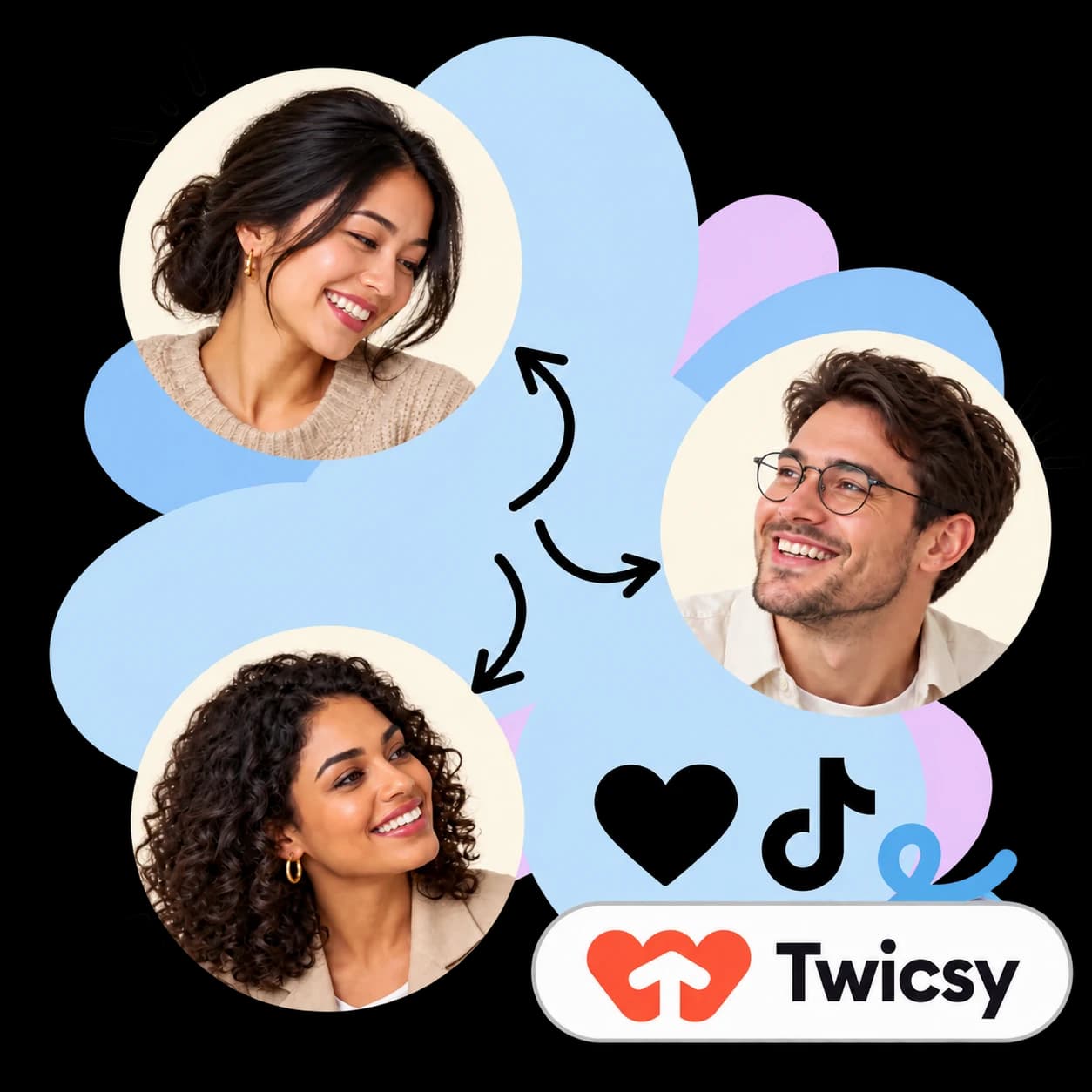 Twicsy-illustratie: drie portretten verbonden door pijlen, een hart, het TikTok-teken en het Twicsy-woordmerk