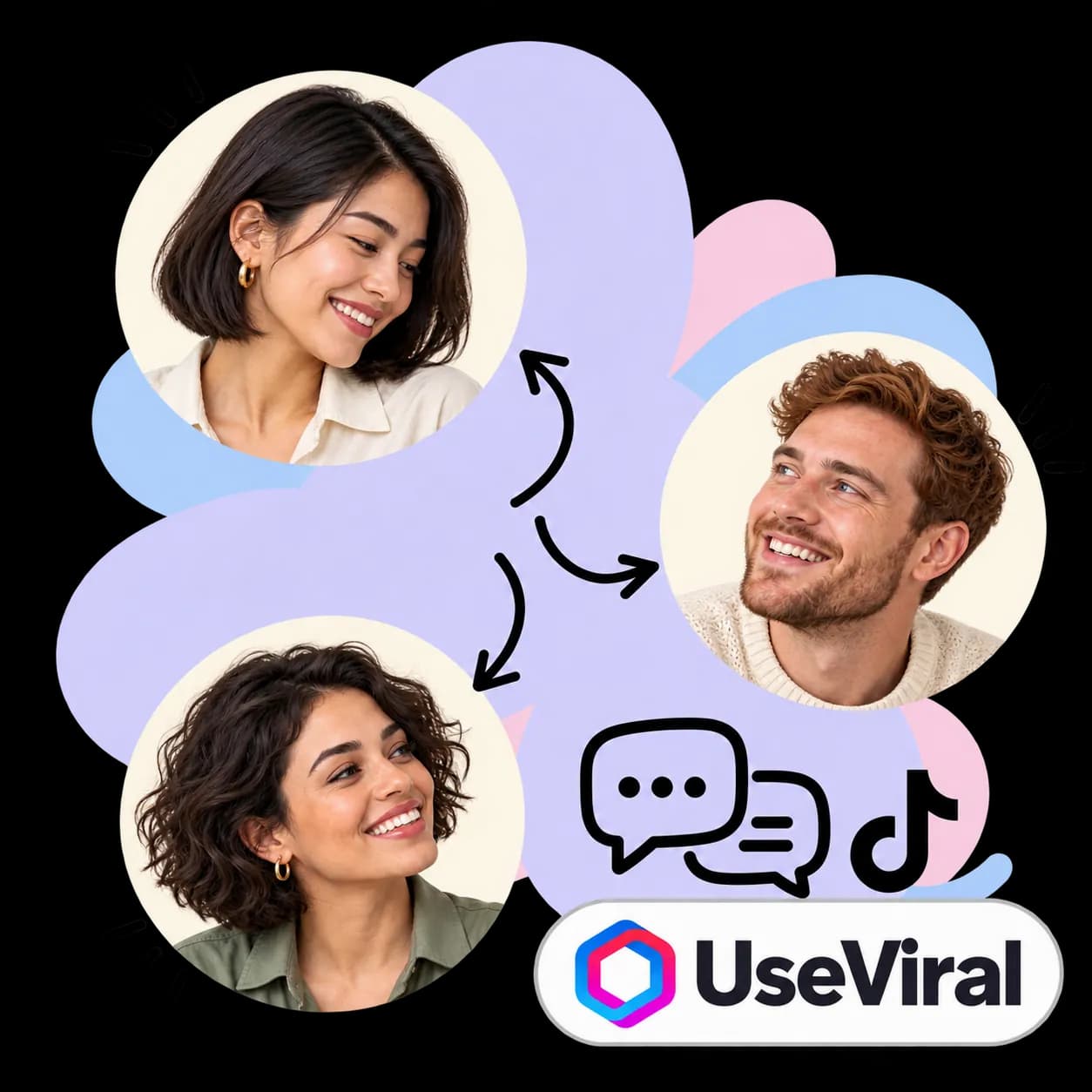UseViral illustration: three portraits linked by arrows, two speech bubbles, the TikTok mark and the UseViral wordmark