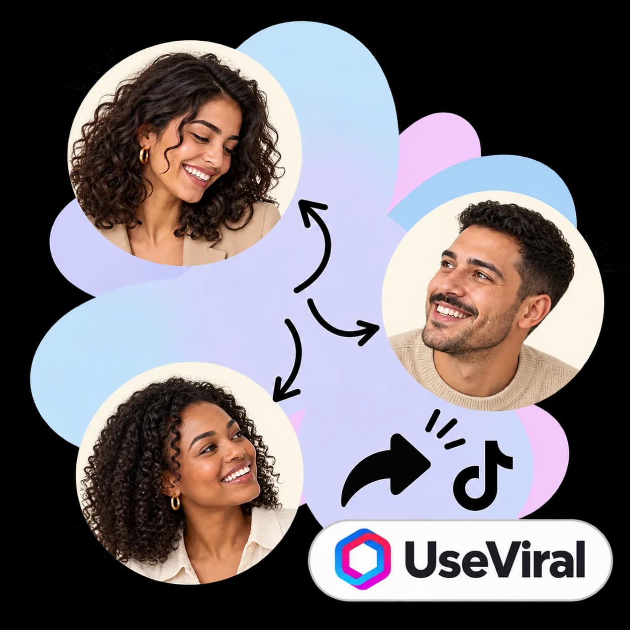 UseViral illustration: three portraits linked by arrows, a share arrow, the TikTok mark and the UseViral wordmark