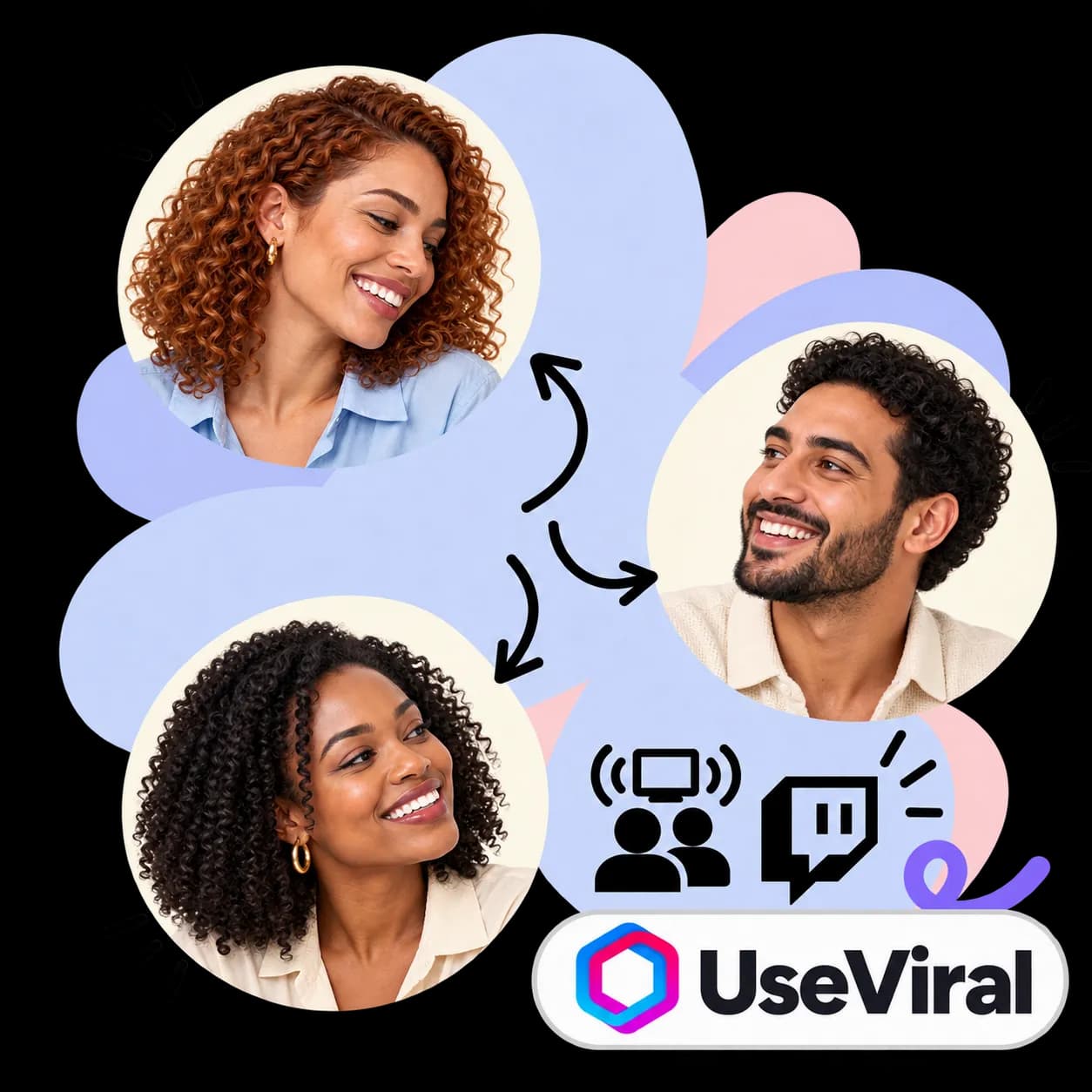 Illustration zu UseViral: drei durch Pfeile verbundene Porträts, eine Person vor einem Bildschirm mit Schallwellen, das Twitch-Zeichen und die Wortmarke von UseViral