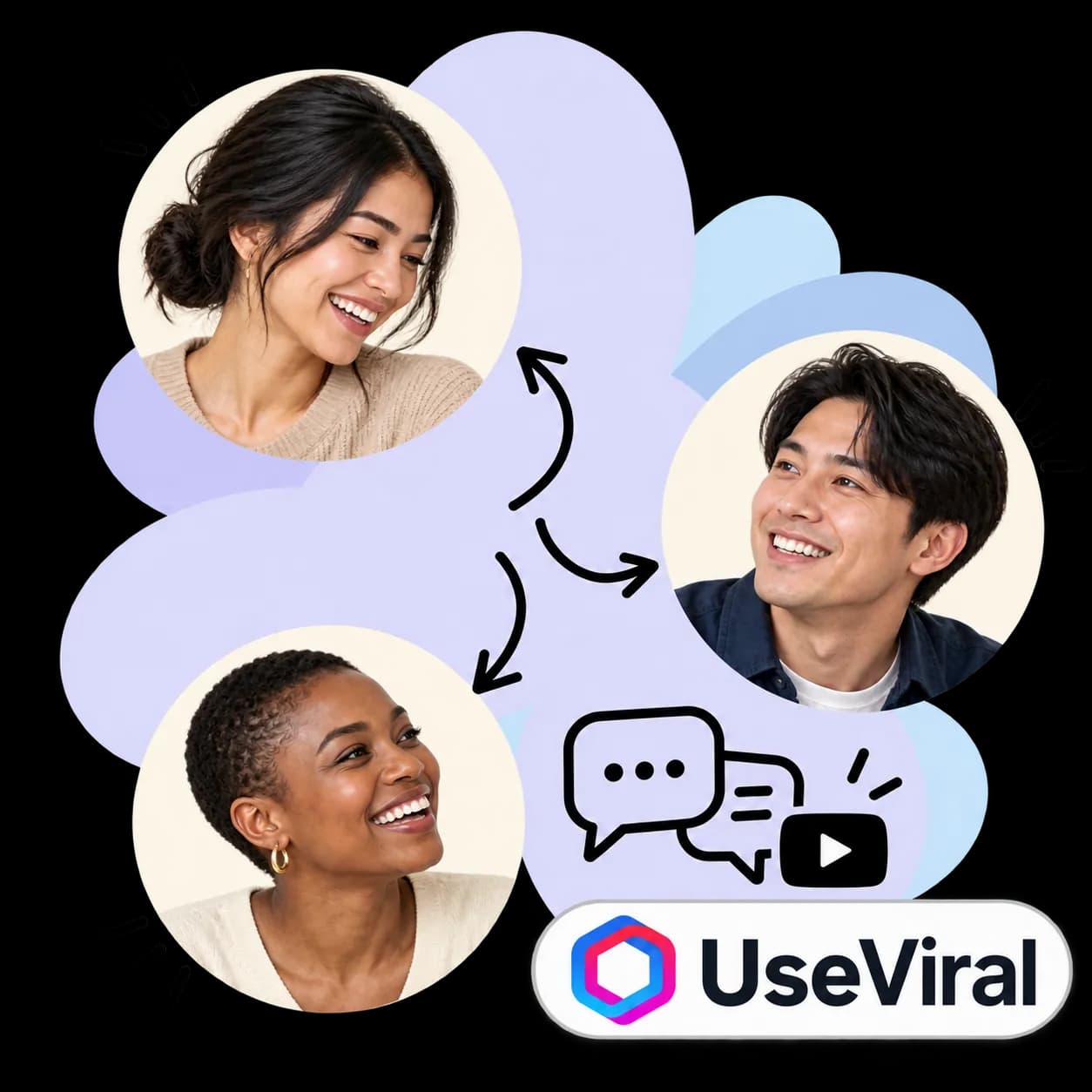 Illustration zu UseViral: drei durch Pfeile verbundene Porträts, Sprechblasen neben einem Video-Wiedergabesymbol und die Wortmarke von UseViral