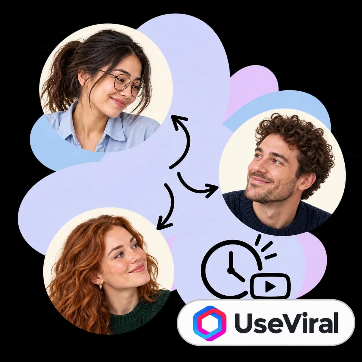 Ilustração de UseViral: três retratos ligados por setas, um relógio ao lado de um ícone de reprodução de vídeo e a marca UseViral