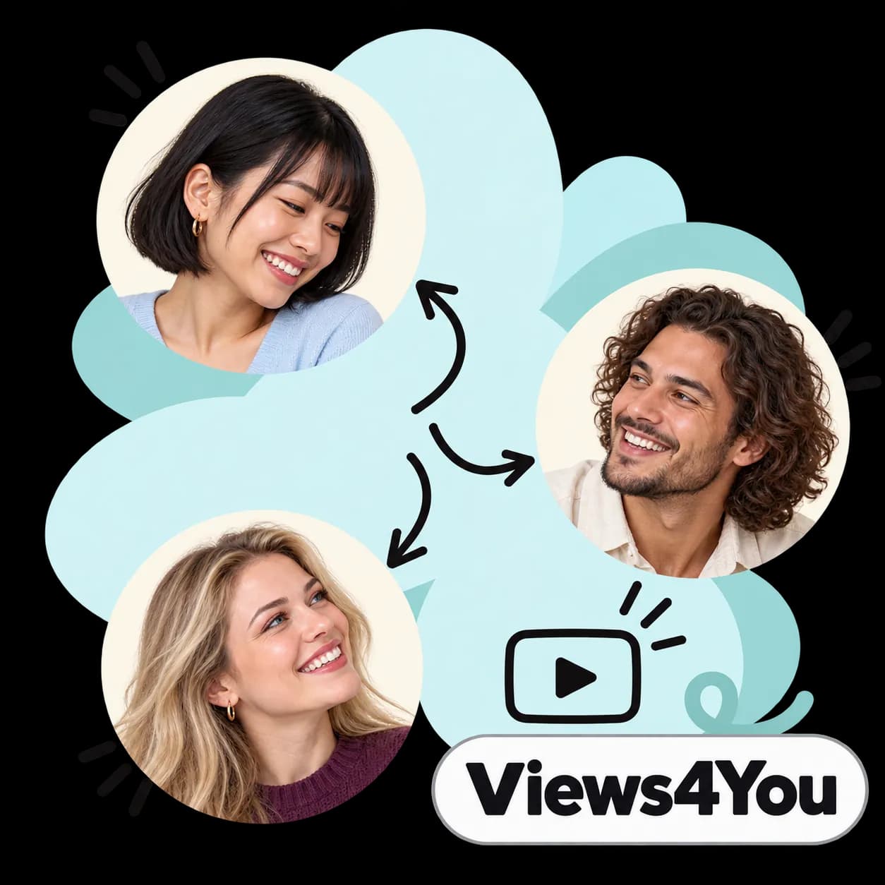 Views4You-illustratie: drie portretten verbonden door pijlen, een video-afspeelicoon en het Views4You-woordmerk