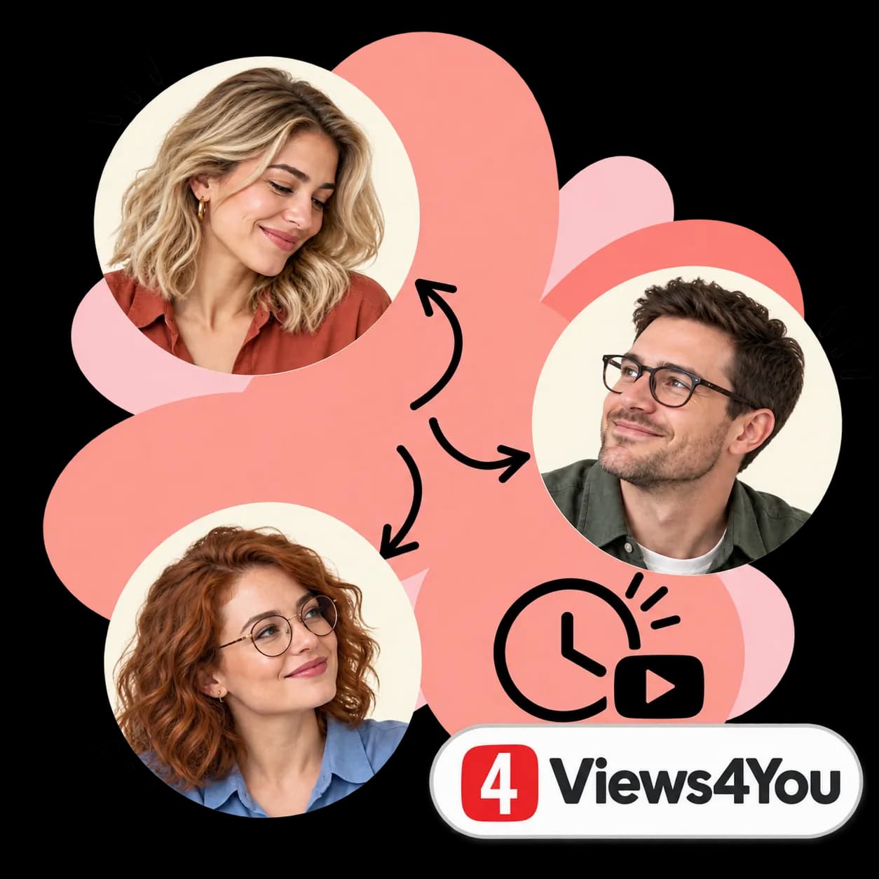 Views4You-illustratie: drie portretten verbonden door pijlen, een klok naast een video-afspeelicoon en het Views4You-woordmerk