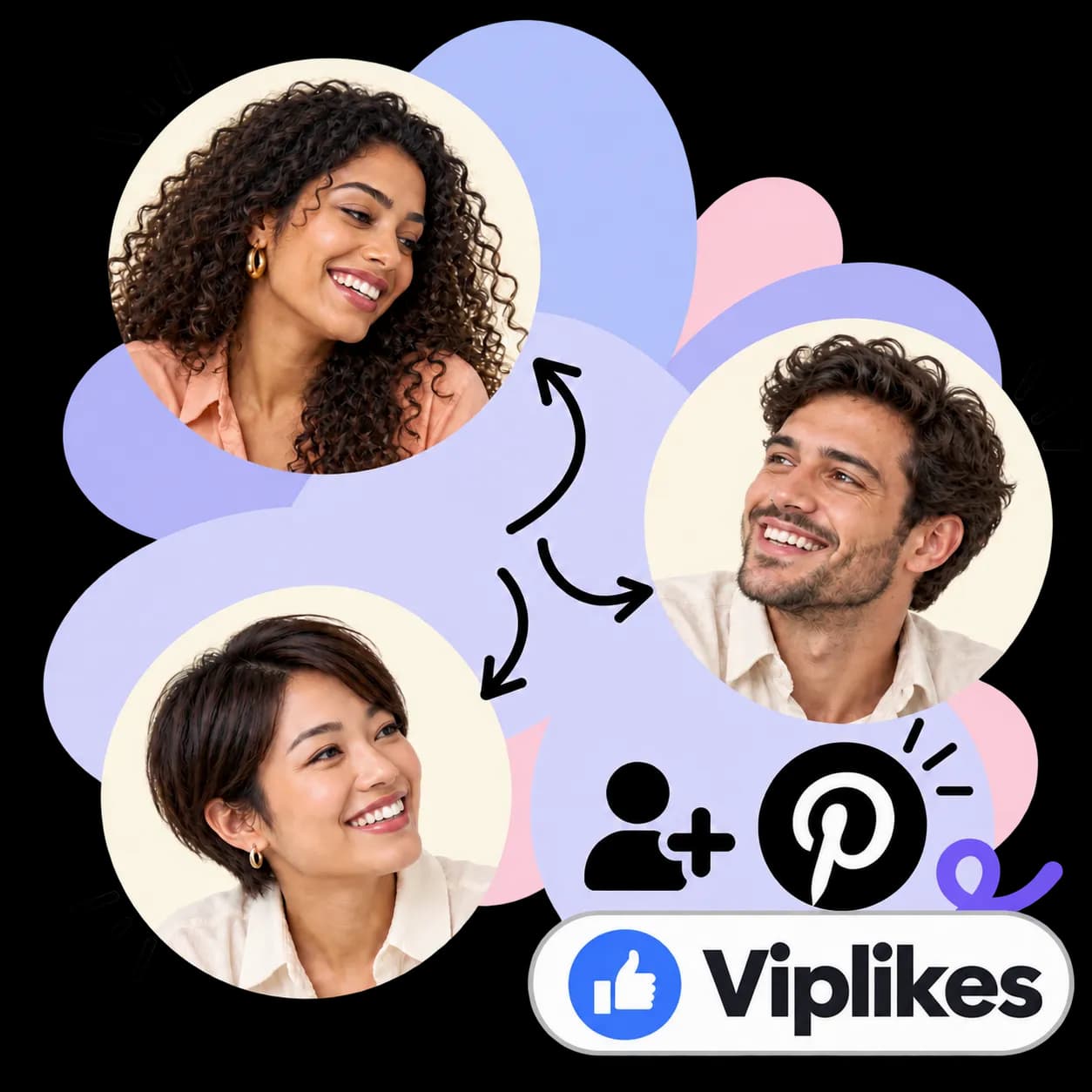 Viplikes illustration: three portraits linked by arrows, figures with a plus sign, the Pinterest mark and the Viplikes wordmark