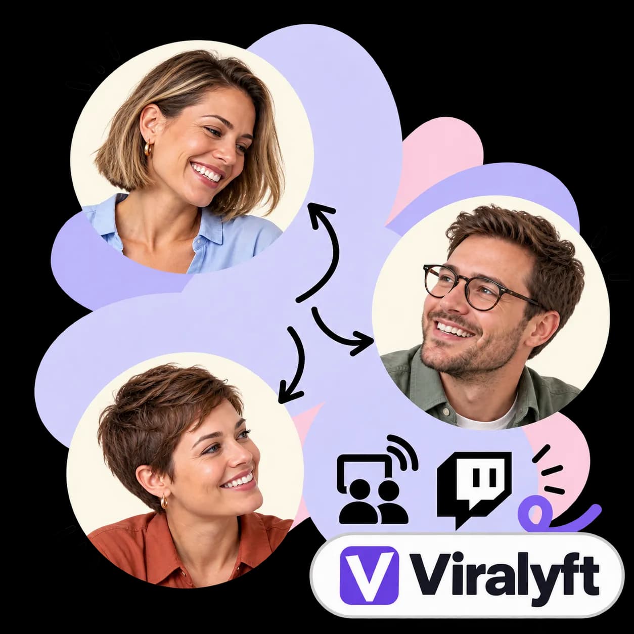 Viralyft illustration: three portraits linked by arrows, a viewer at a screen with sound waves, the Twitch mark and the Viralyft wordmark