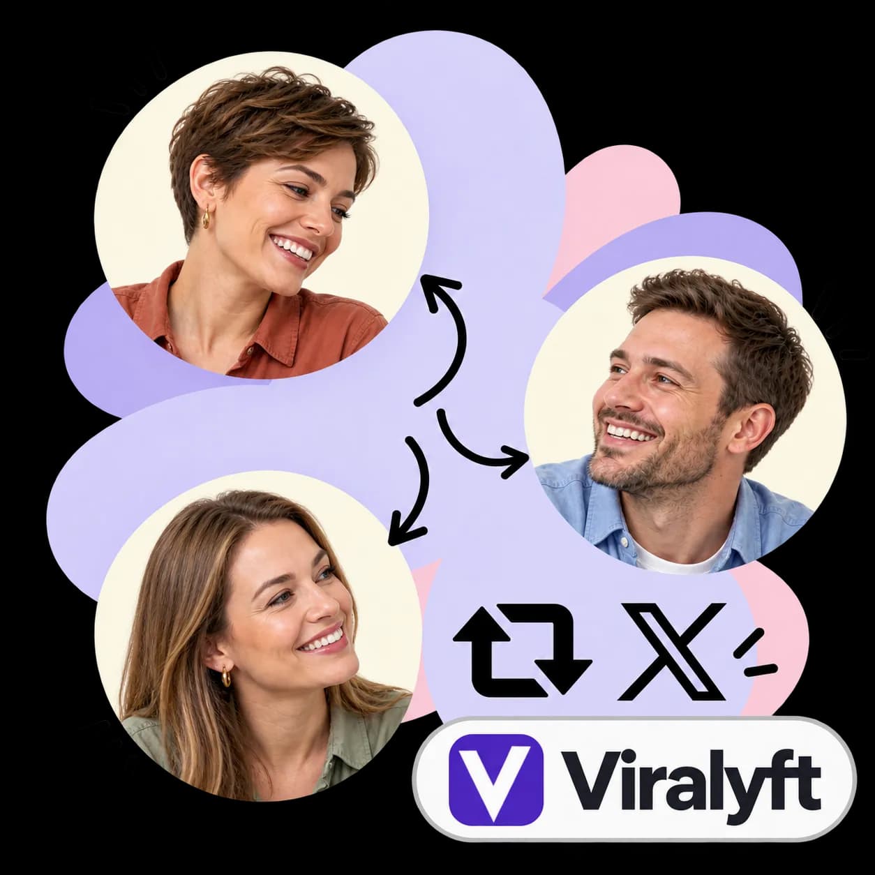 Viralyft-illustratie: drie portretten verbonden door pijlen, repostpijlen, het X-teken en het Viralyft-woordmerk
