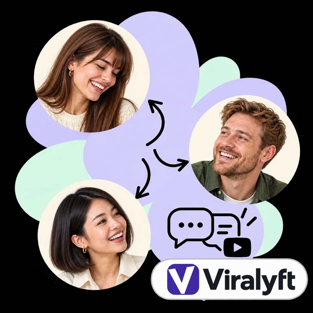 Viralyft-illustratie: drie portretten verbonden door pijlen, tekstballonnen naast een video-afspeelicoon en het Viralyft-woordmerk