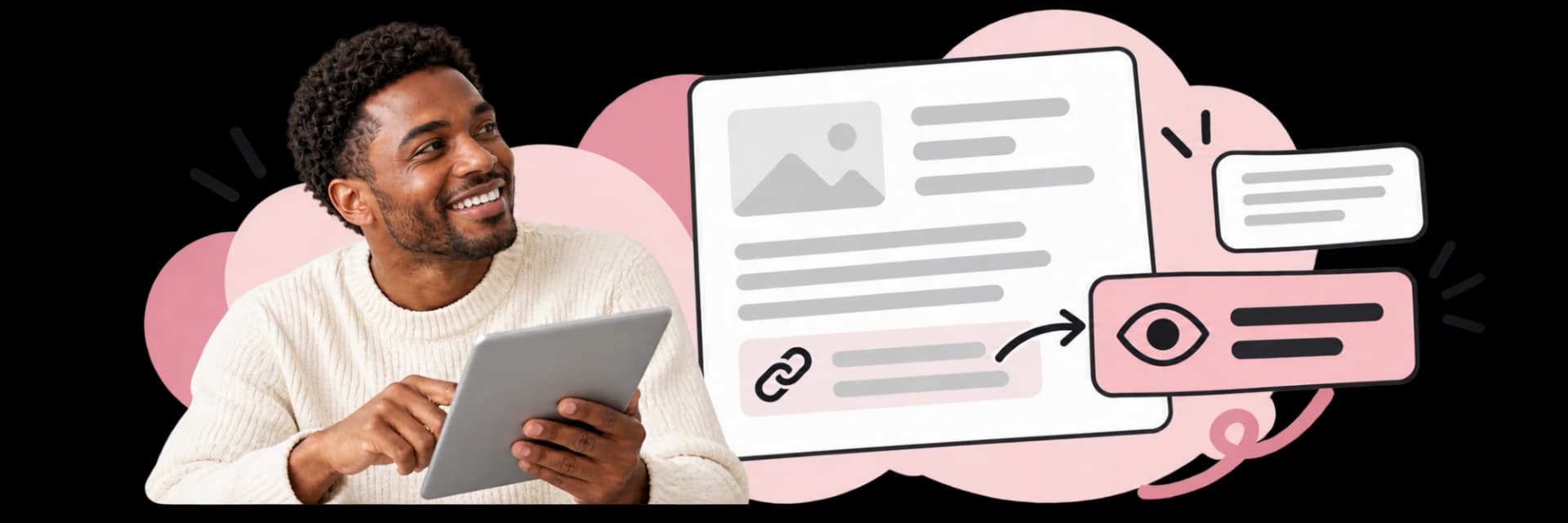 Illustration: a link icon on a page pointing to an eye, the link made visible