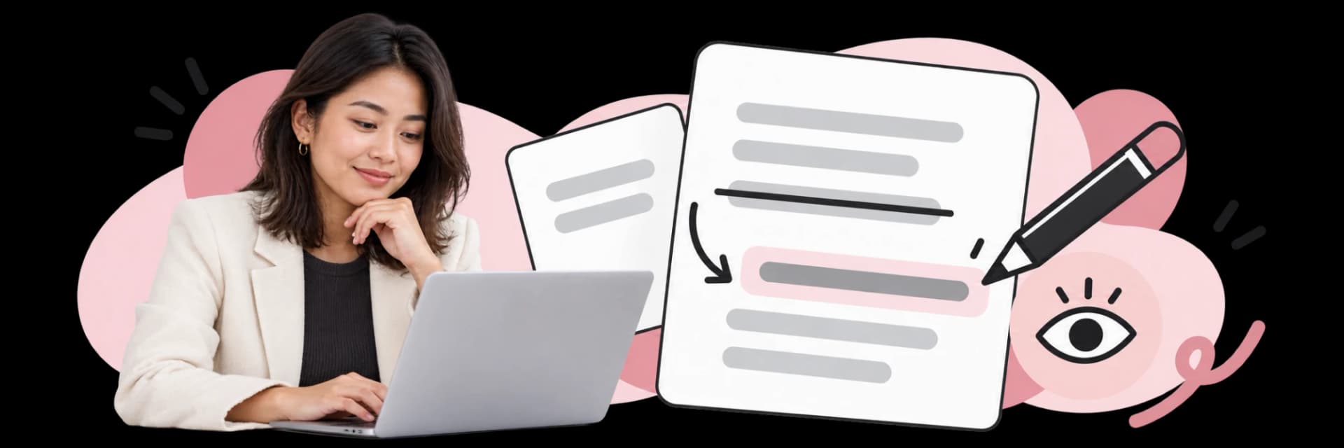 Illustratie: een potlood corrigeert een regel op een pagina, een oog kijkt toe
