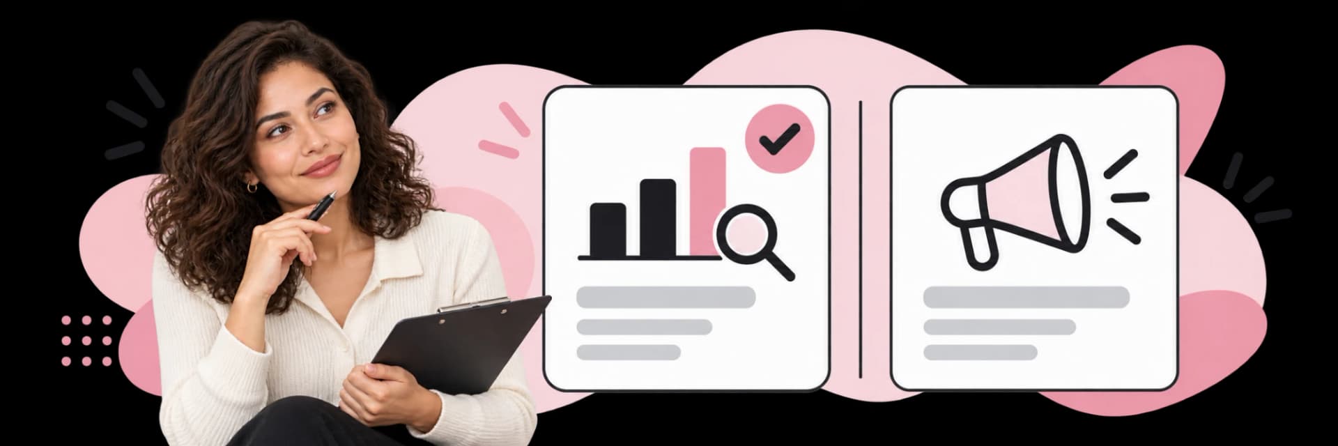 Illustration: a chart with a check mark beside a megaphone, kept apart