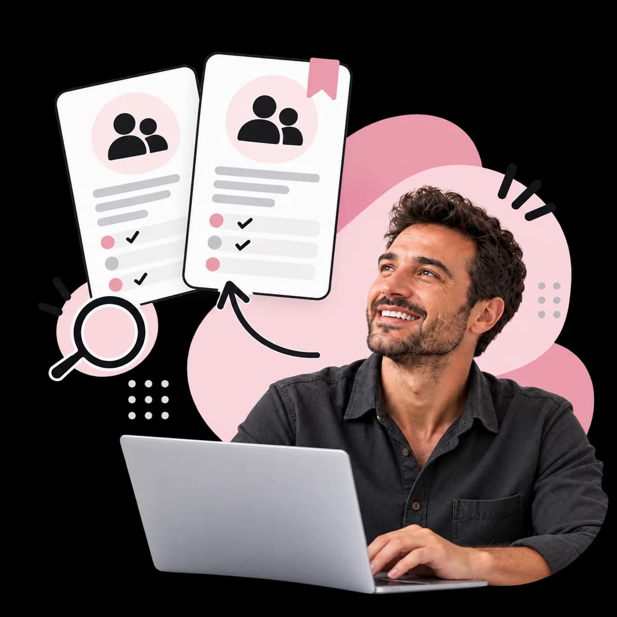 Illustration: a reviewer at a laptop comparing two service profiles against a checklist