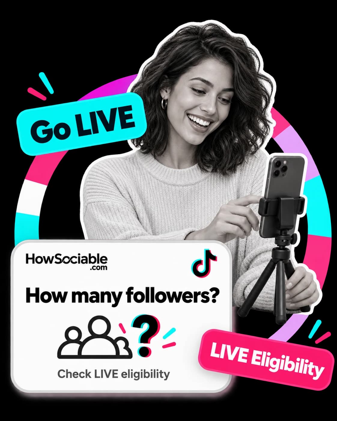 Illustration: a smiling creator setting up a phone on a tripod to go LIVE on TikTok, beside a card asking “How many followers?” with the prompt “Check LIVE eligibility”