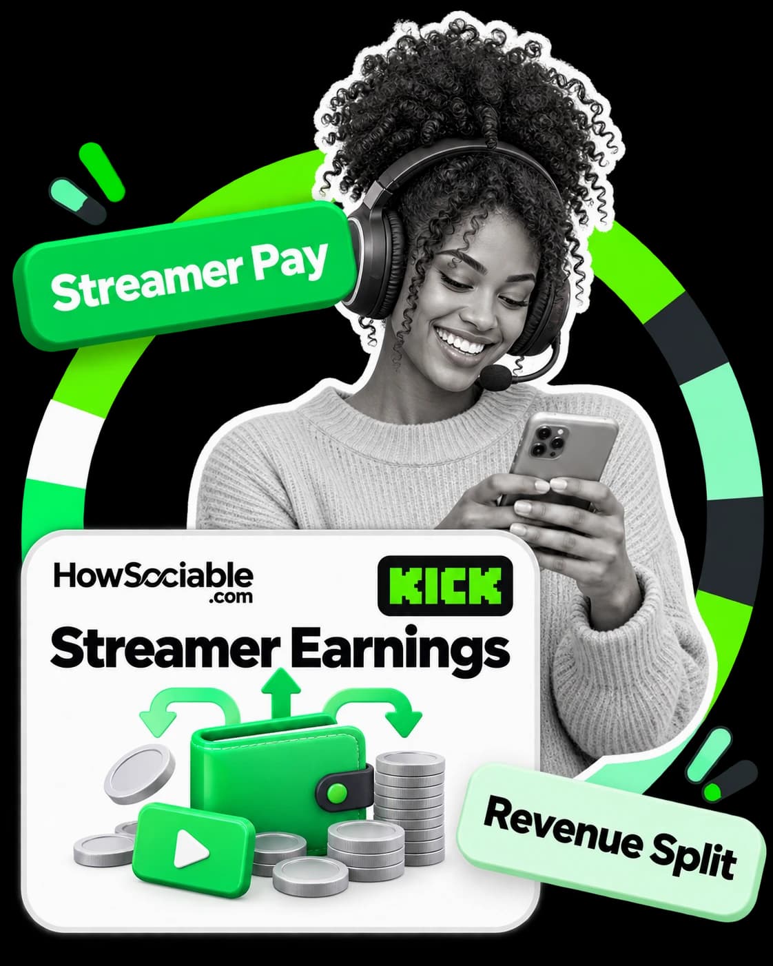 Illustration: a smiling streamer in a headset looking at a phone, beside a card titled “Streamer Earnings” with a Kick logo, a wallet and stacks of coins, and tags reading “Streamer Pay” and “Revenue Split”